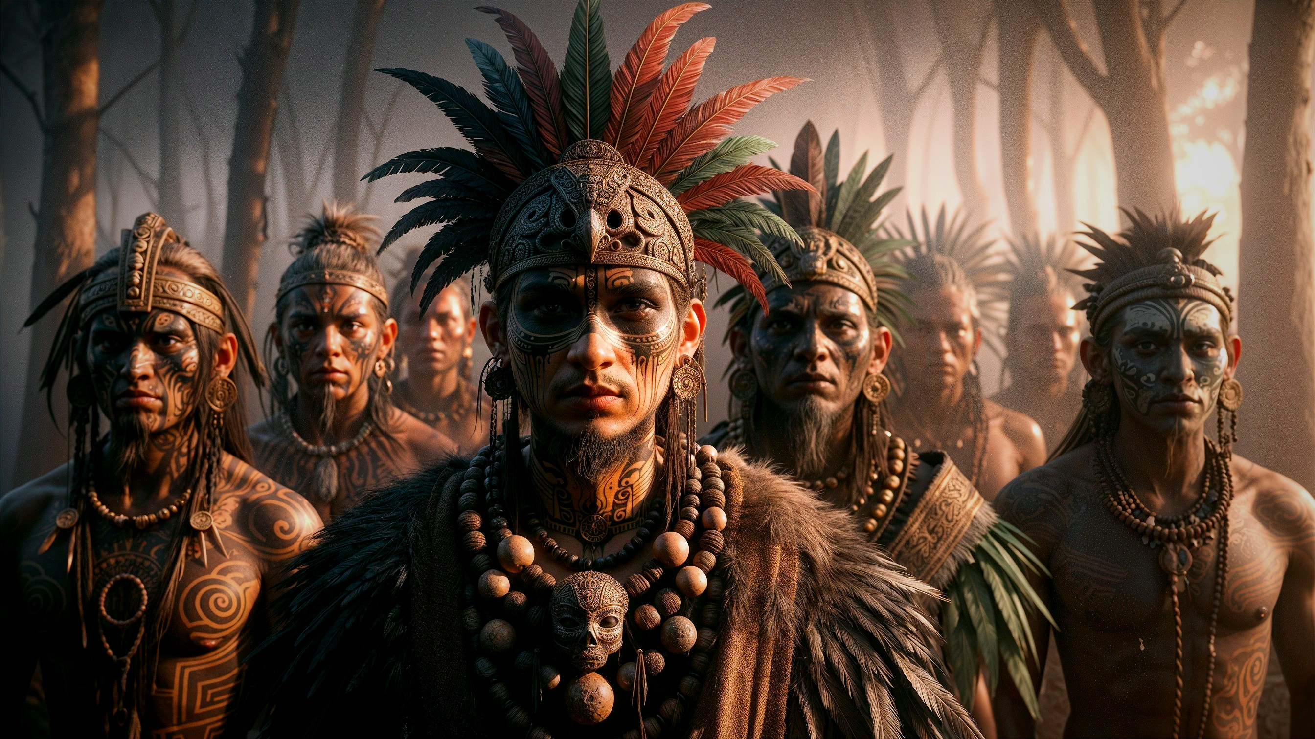 Individuals in Traditional Attire in Misty Forest