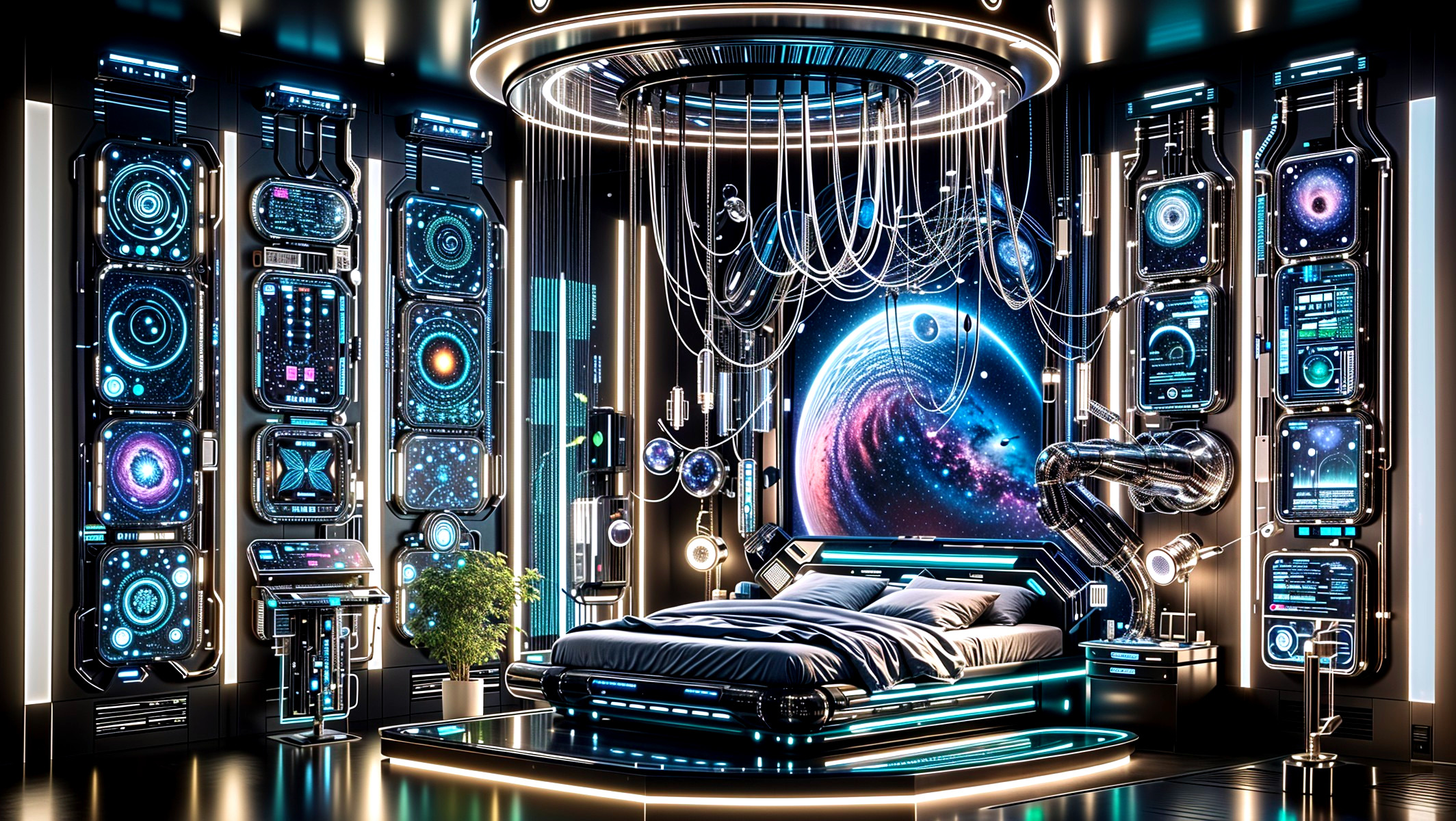 Futuristic bedroom with high-tech designs and decor