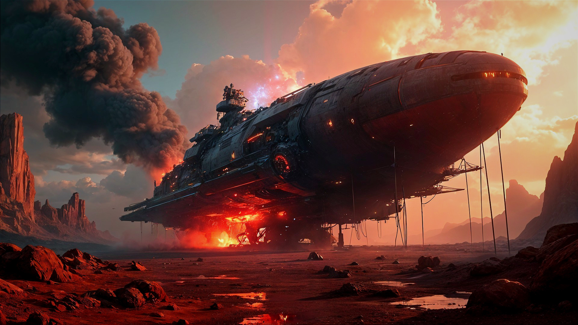 Massive Spaceship on Red Terrain Under Dramatic Sky
