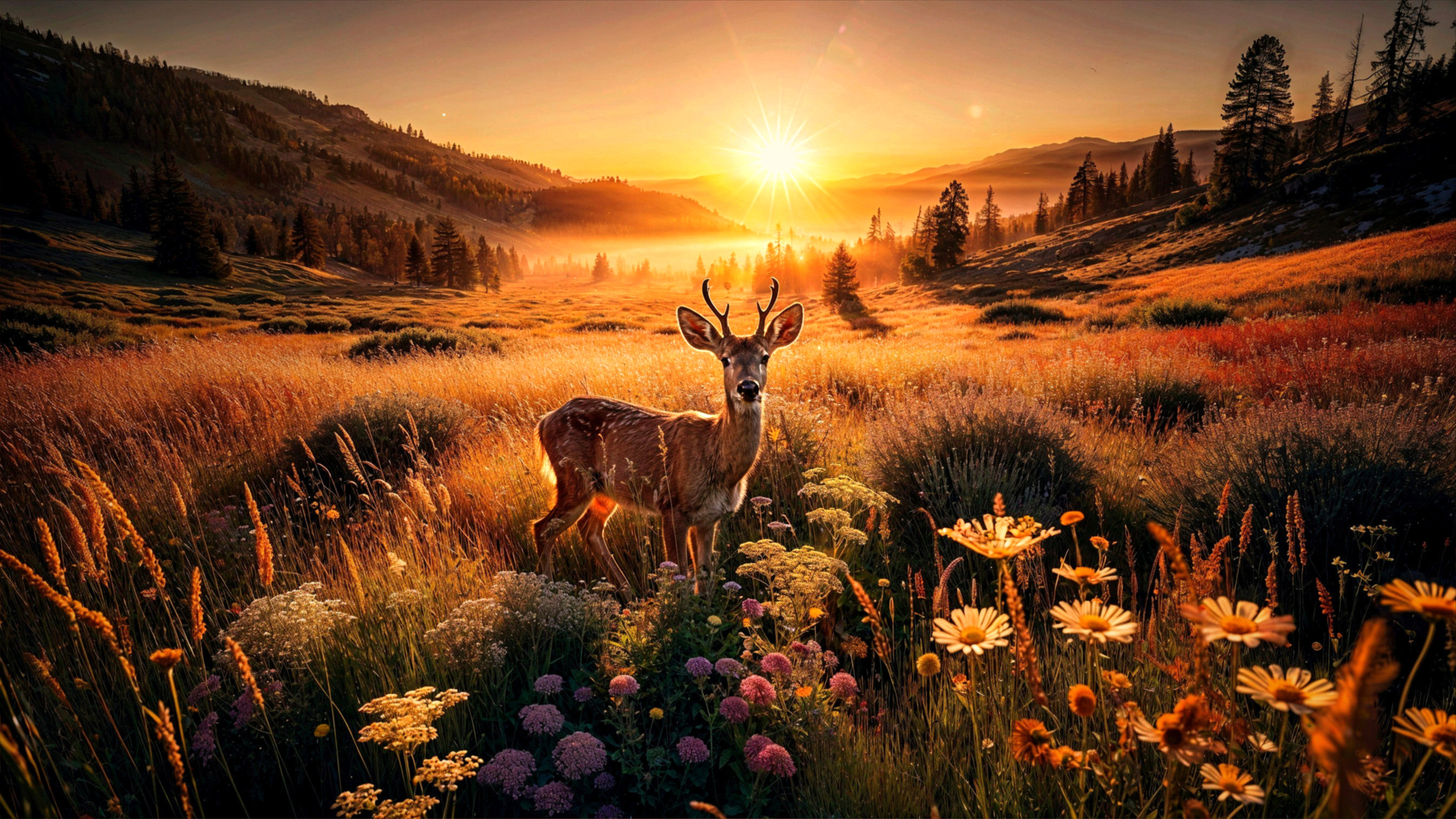 Serene Sunrise Landscape with Deer and Wildflowers