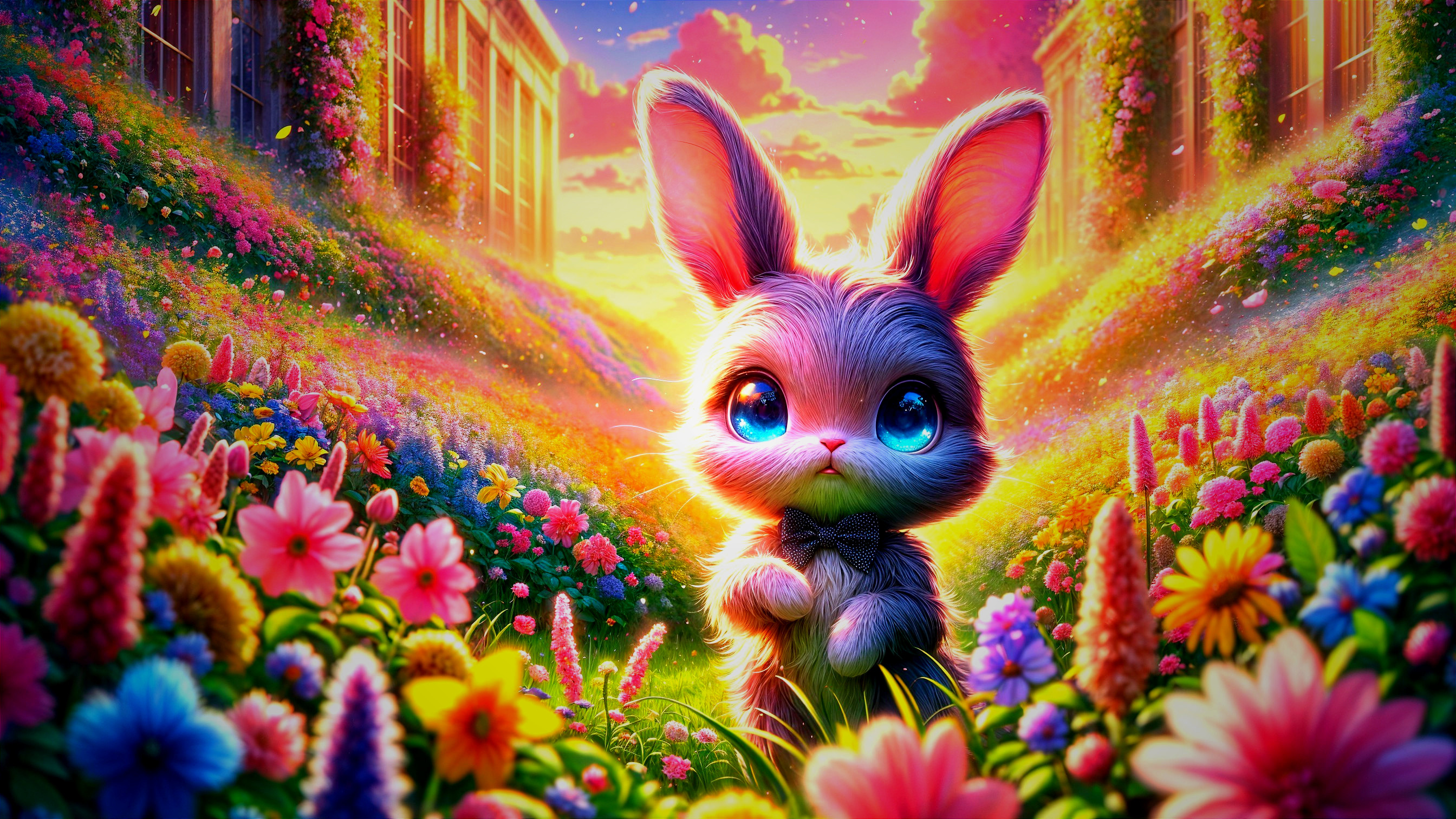 Cartoon Rabbit in Colorful Garden at Sunset
