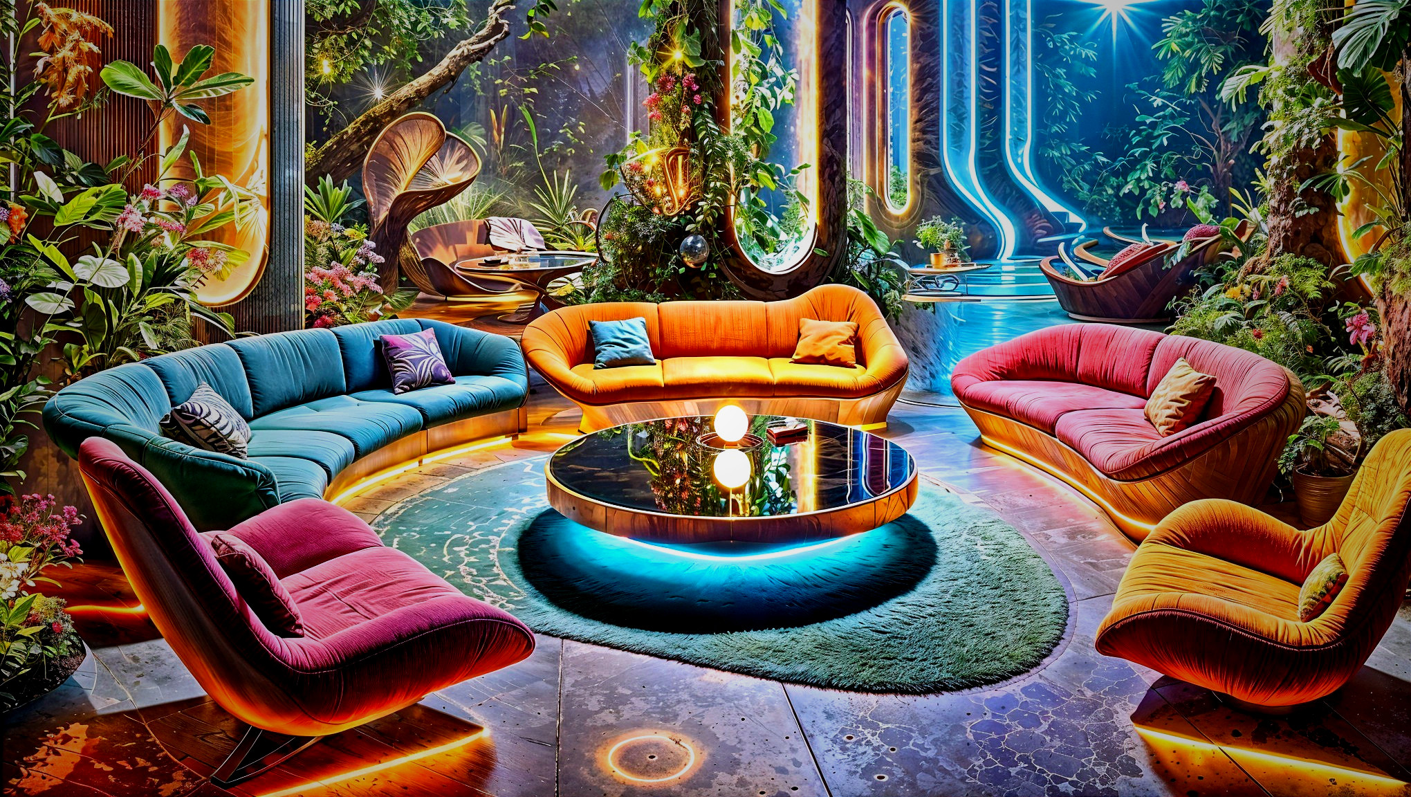 Futuristic lounge with colorful sofas and neon lights