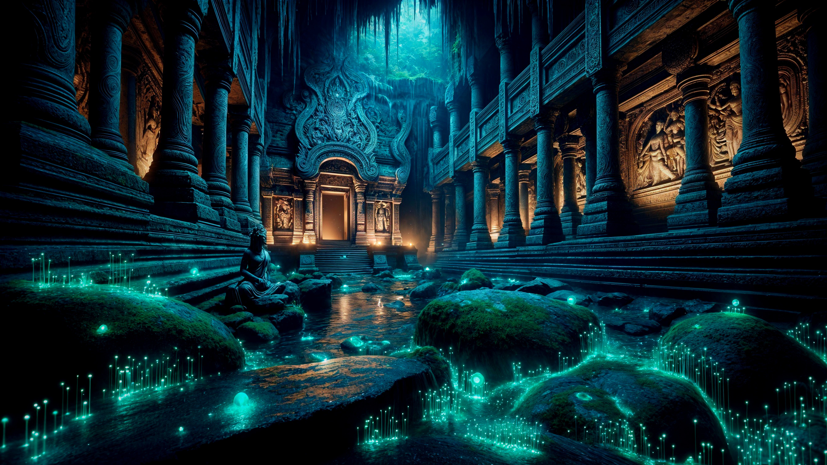 Mystical Underground Temple with Ethereal Lighting