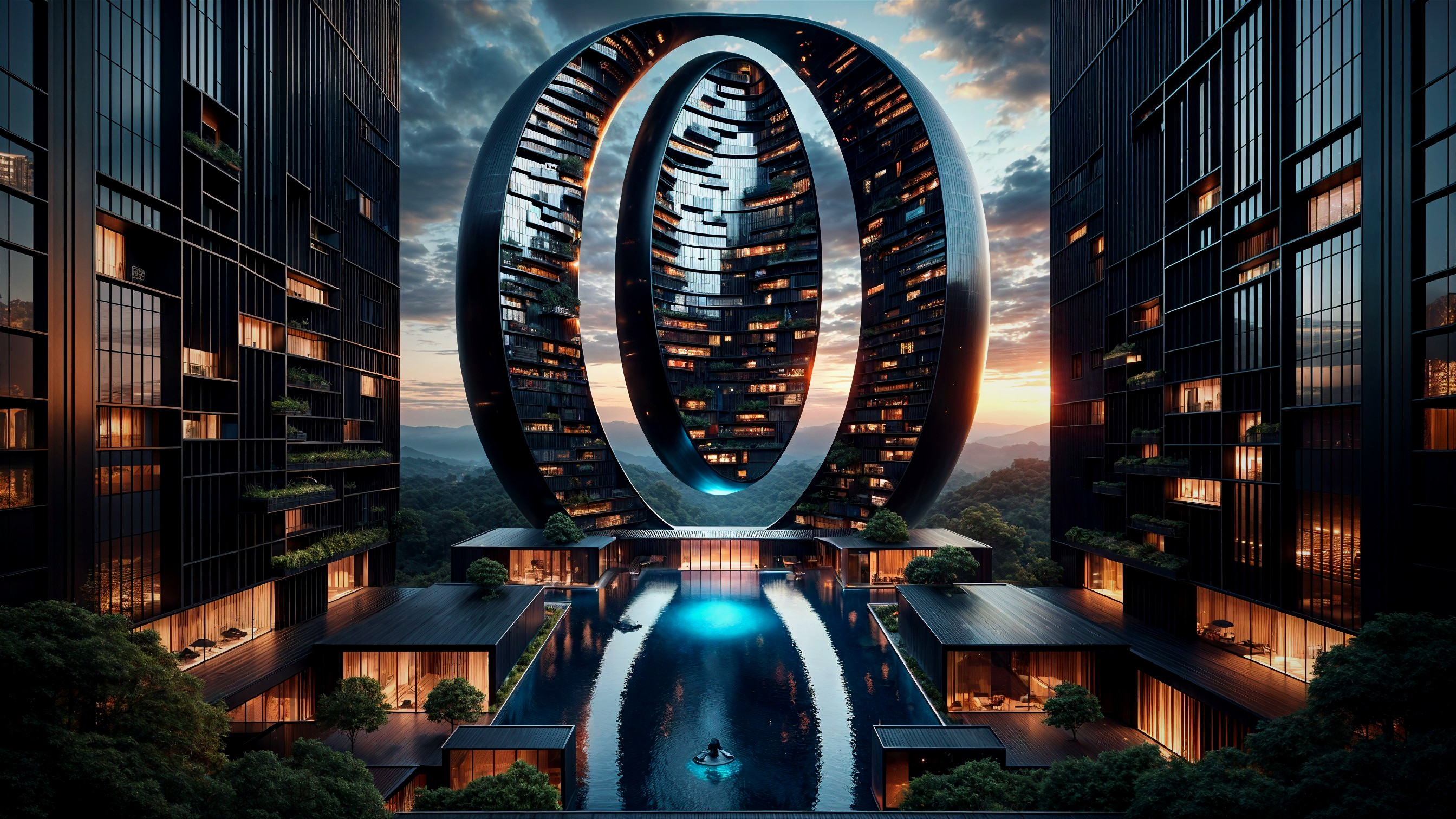 Modern Architectural Design with Sunset Reflection