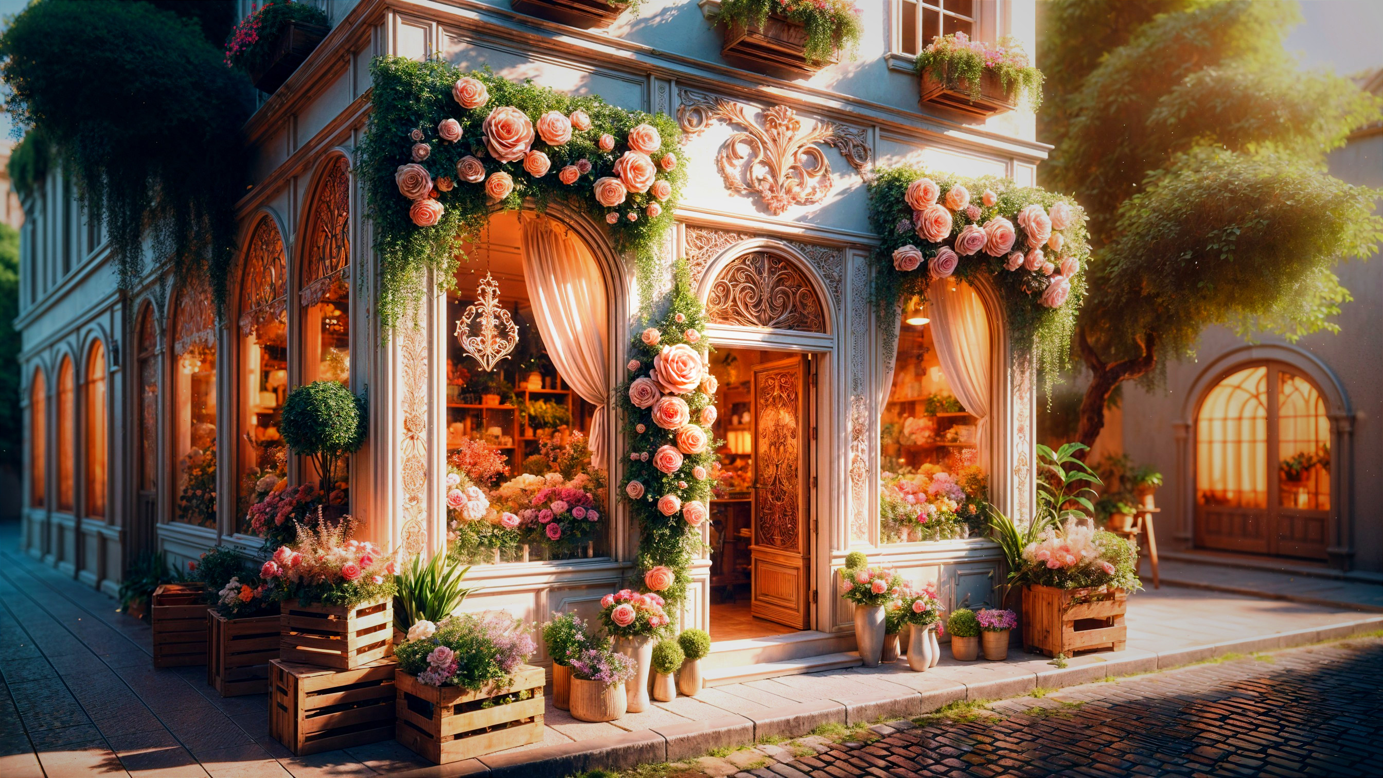 Charming Flower Shop with Pink Roses and Greenery