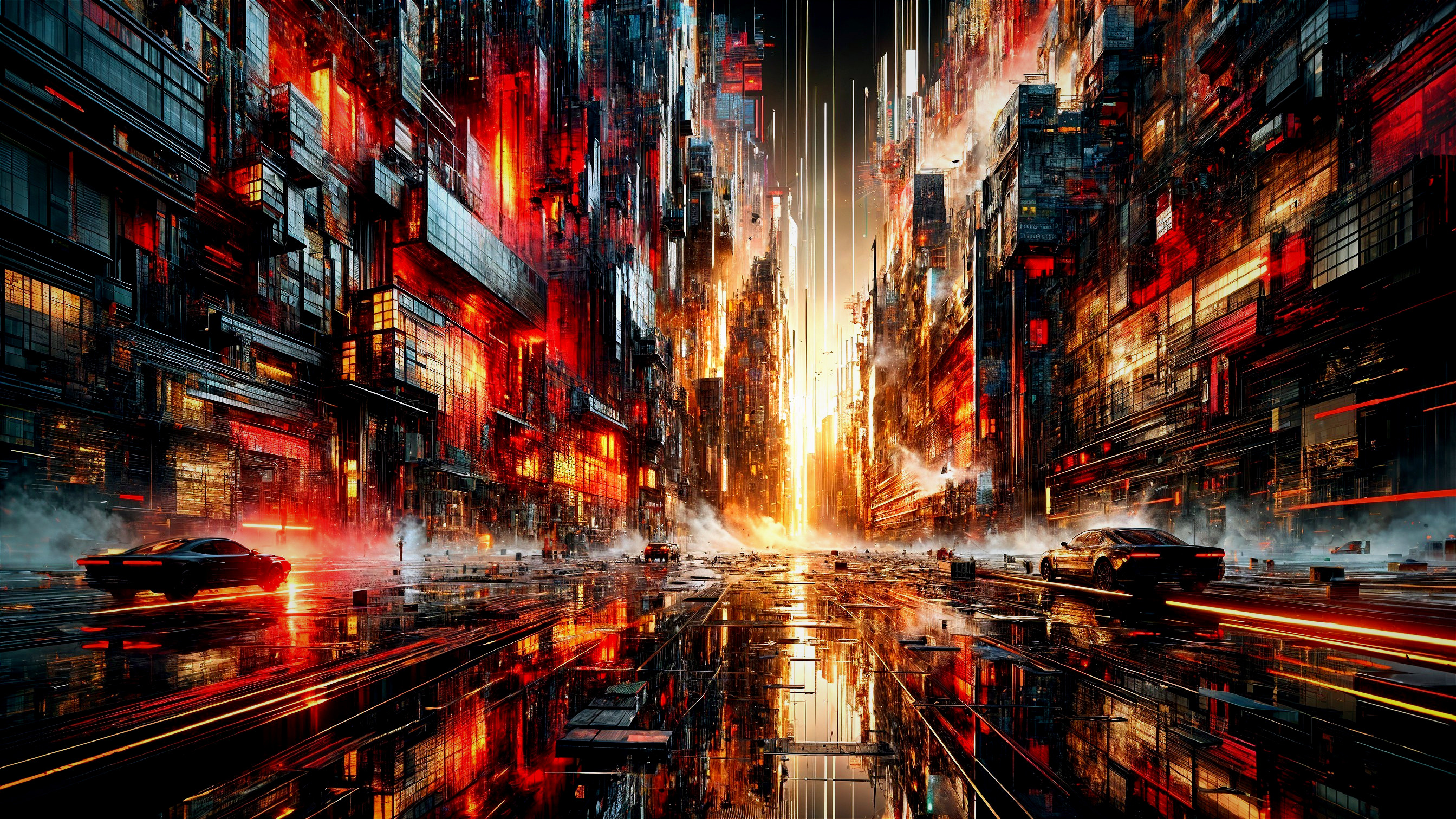 Futuristic cityscape with glowing skyscrapers and cars