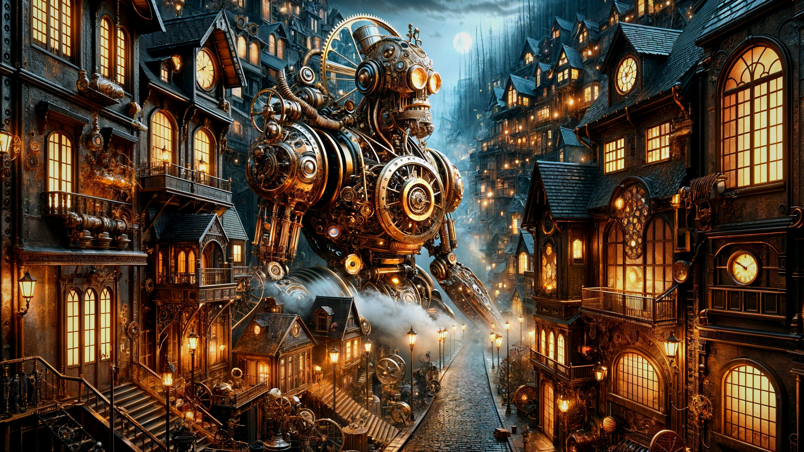 Giant Mechanical Robot in Mystic Steampunk City