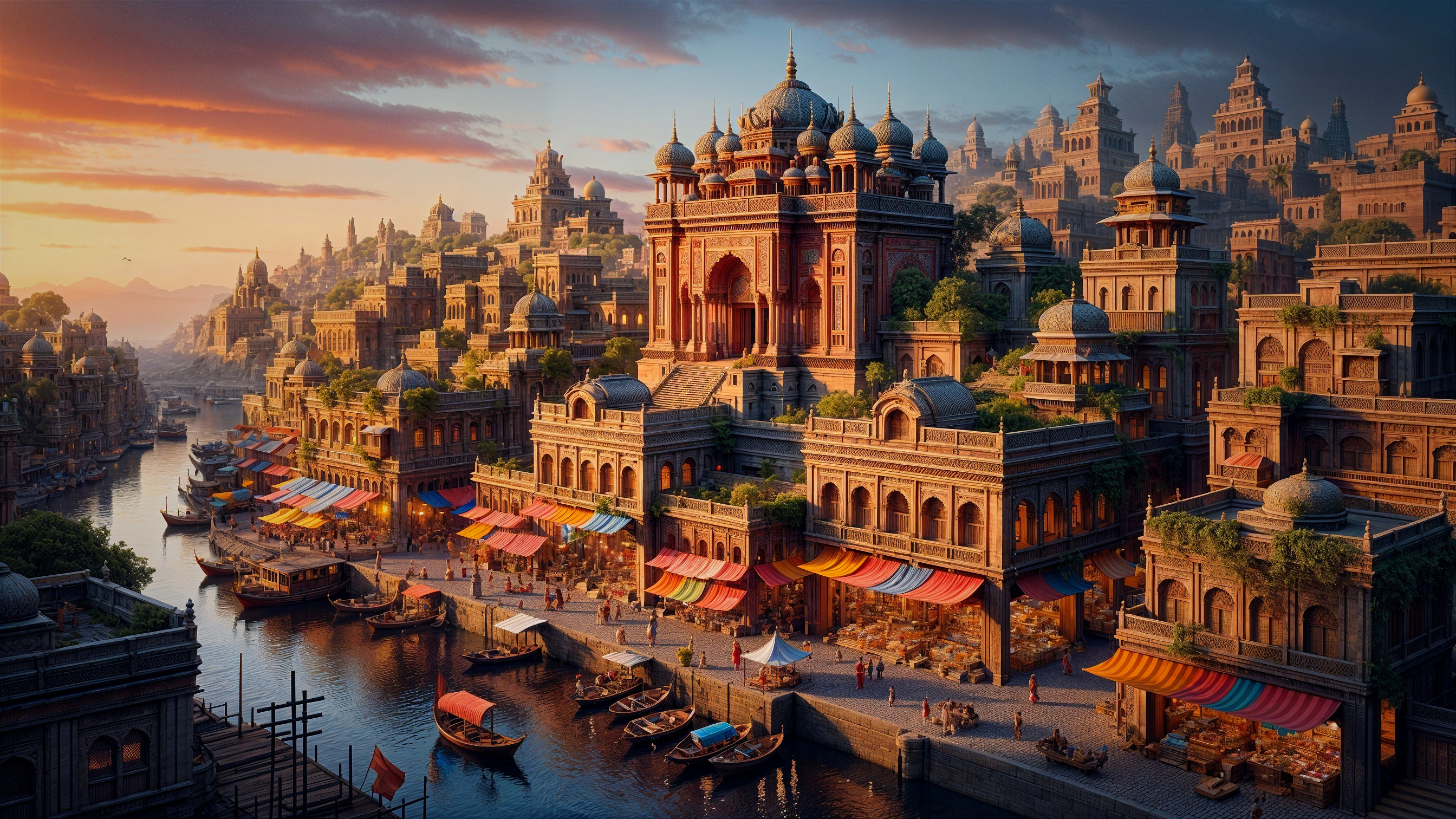 Vibrant Riverside Market Scene at Sunset with Architecture