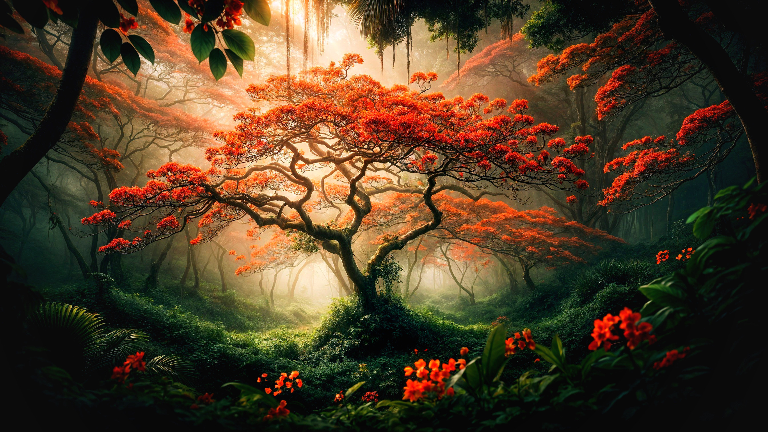 Mystical forest scene with a vibrant central tree