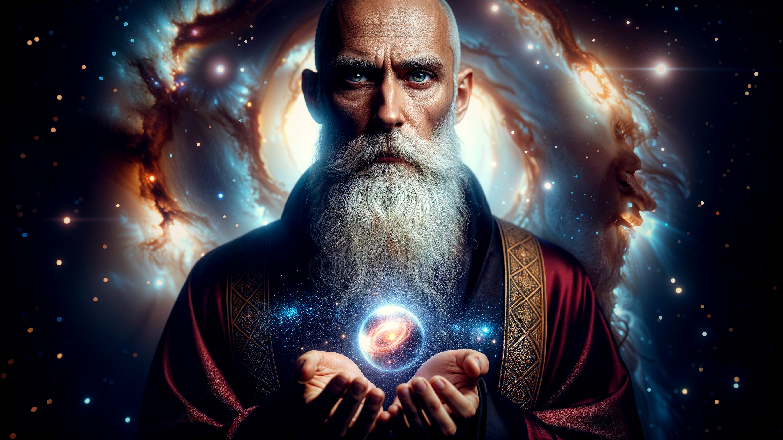 Ethereal Figure in Cosmic Scene with Glowing Orb