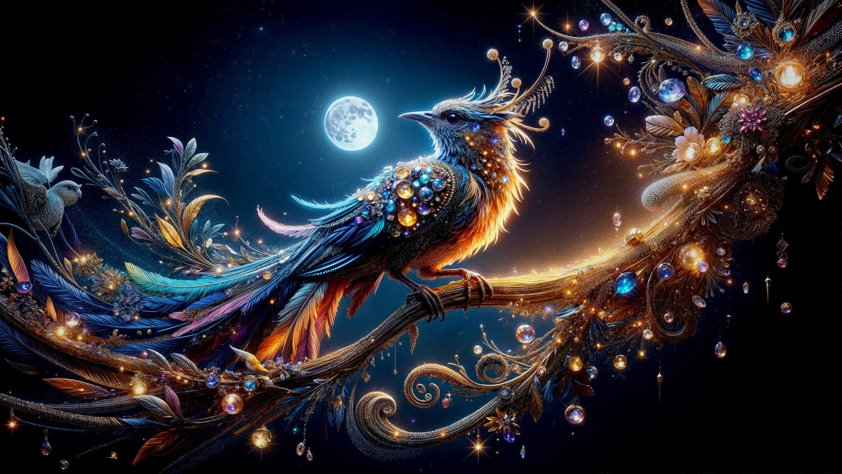Jewel-Adorned Phoenix on a Swirling Branch at Night