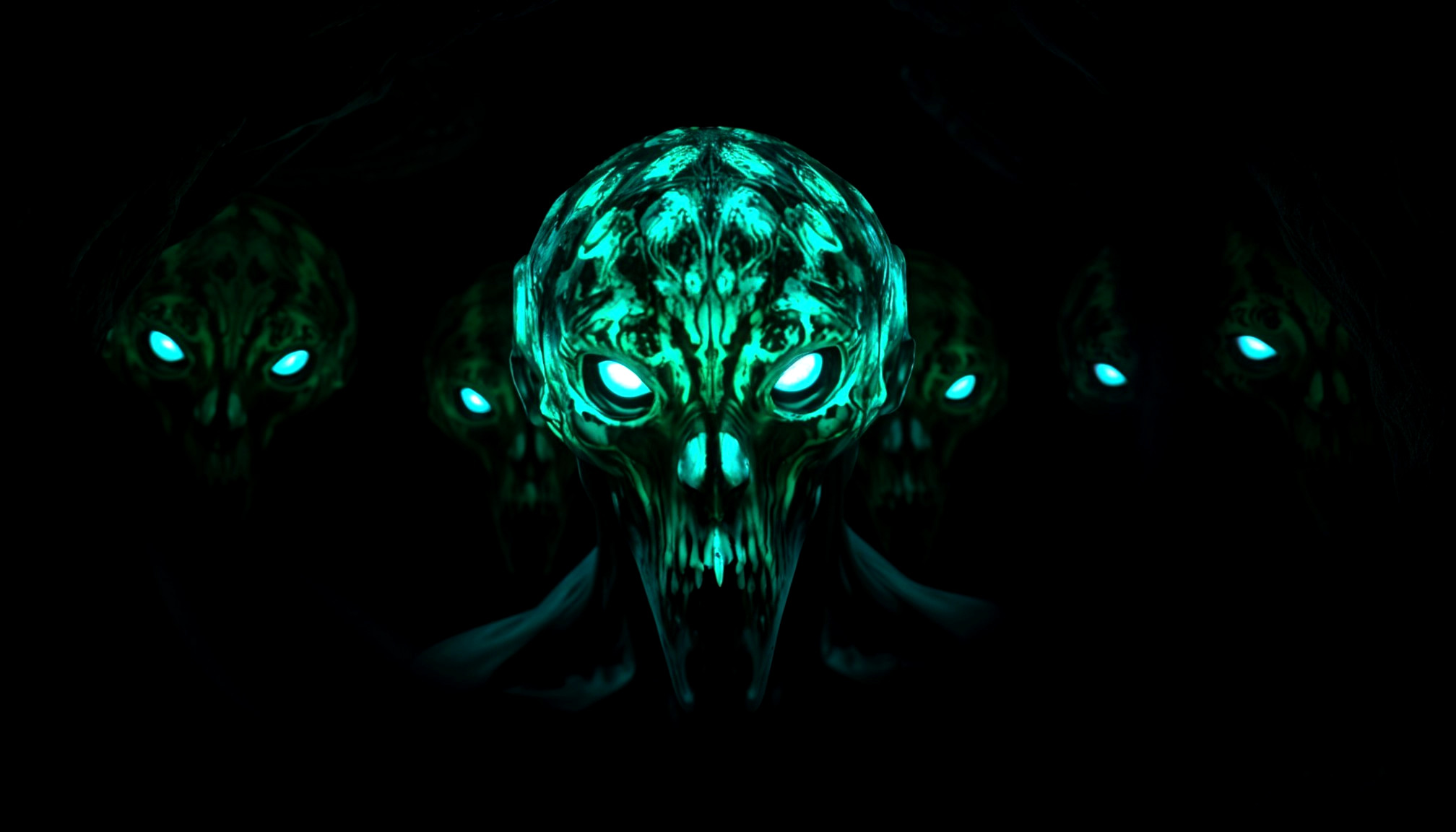 Surreal Scene with Glowing Skull-Like Figures