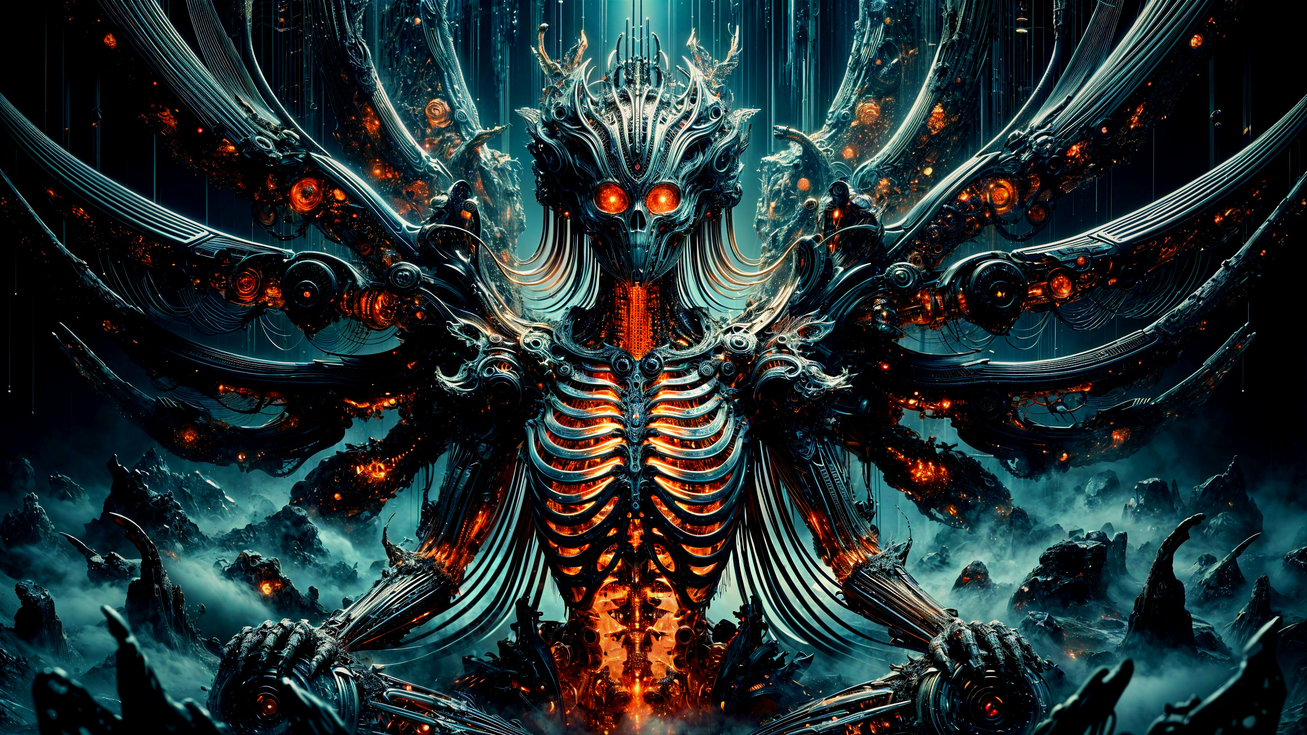 Vibrant Cyber-Demonic King with Mechanical Features