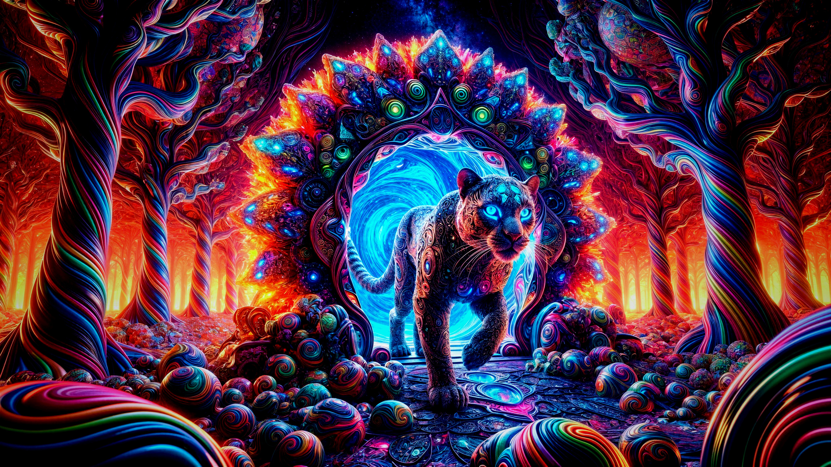 Enchanted forest with psychedelic colors and a panther