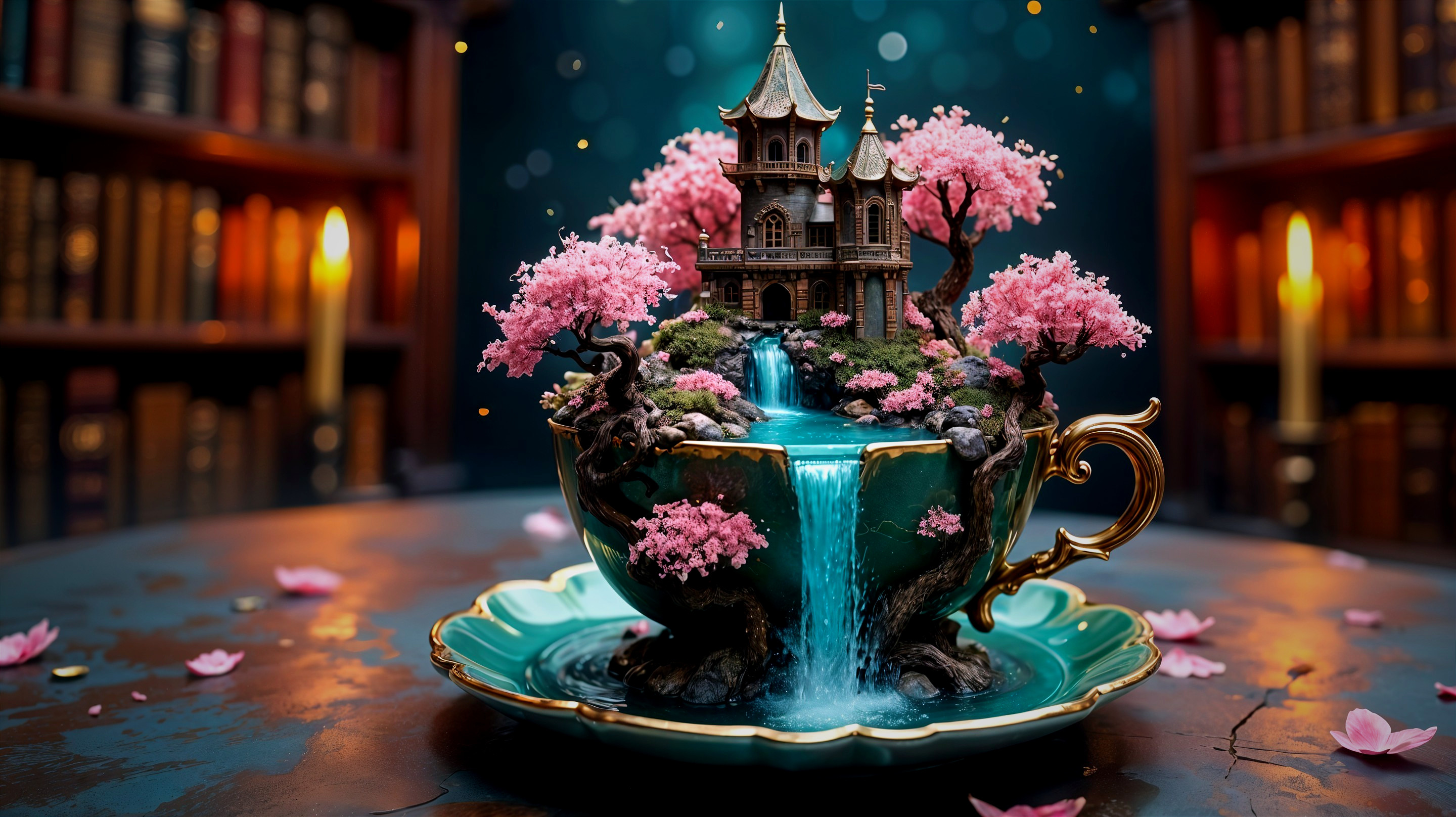 Whimsical Teapot Scene with Castle and Cherry Blossoms