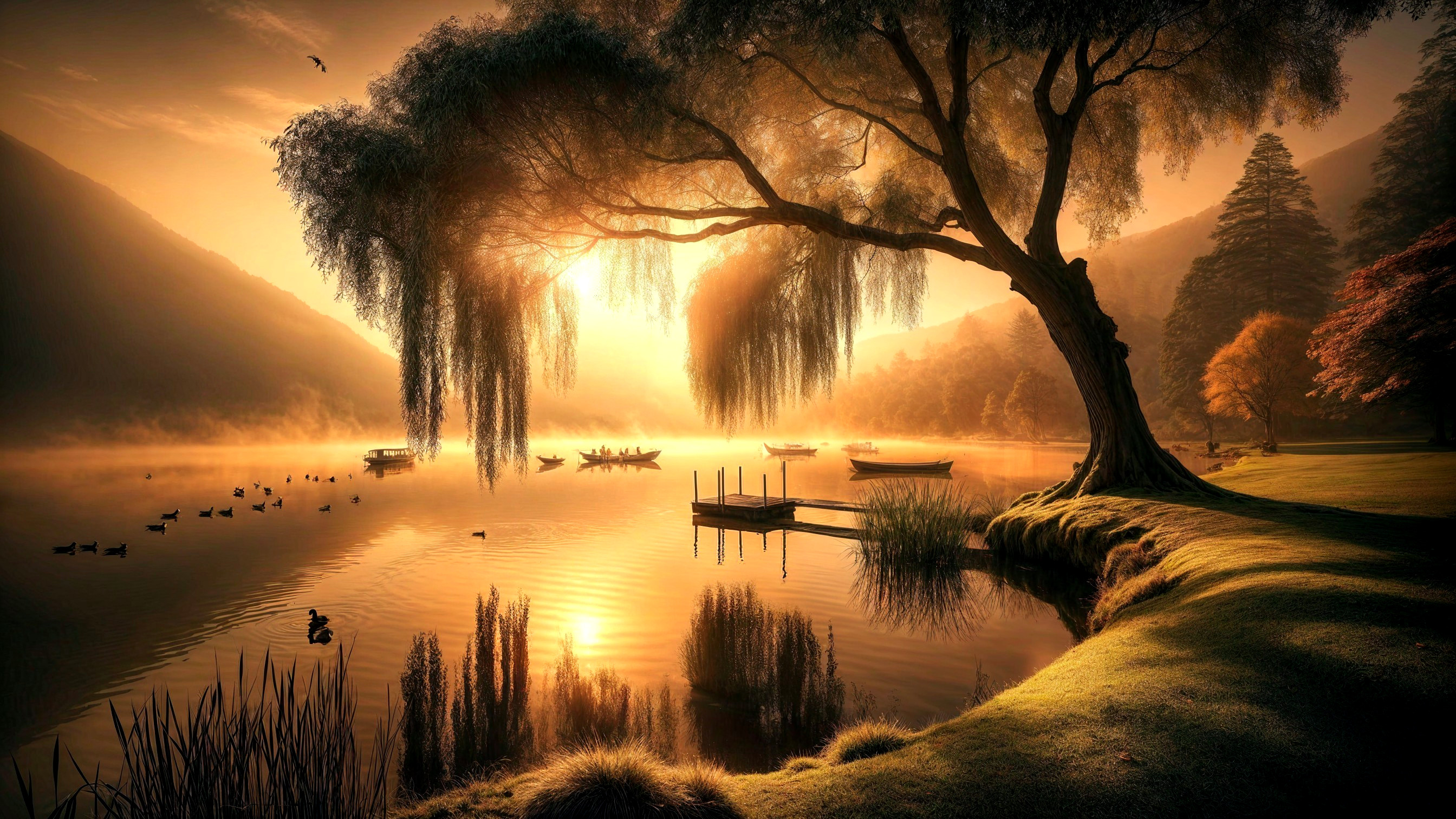 Serene Sunrise Landscape with Tranquil Lake and Trees