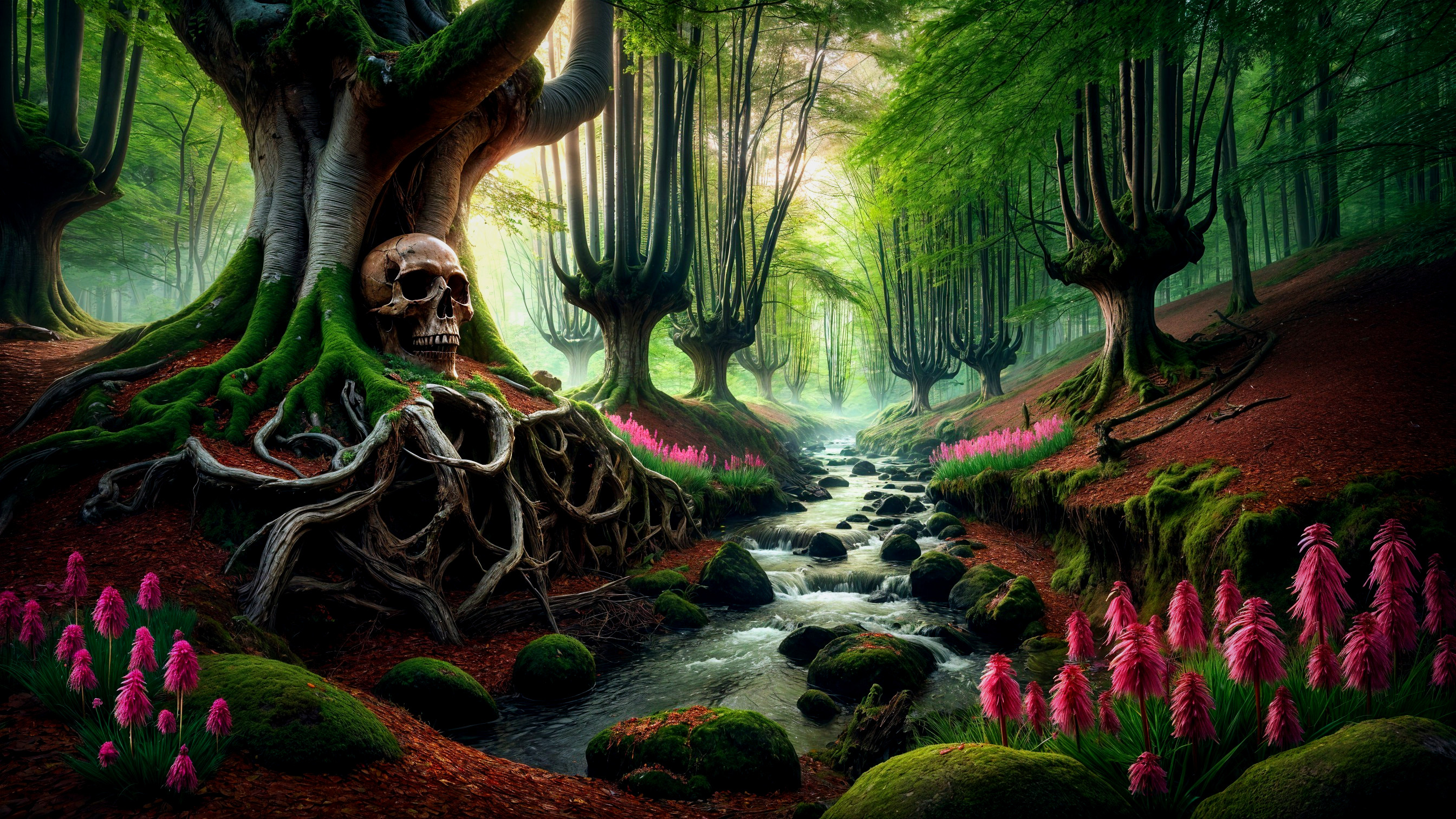 Mystical Forest with Ancient Trees and Serene Stream