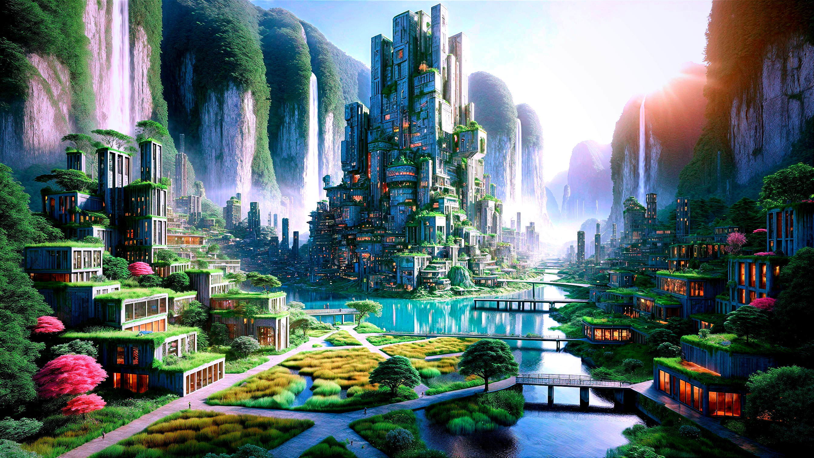 Futuristic Cityscape Surrounded by Green Mountains