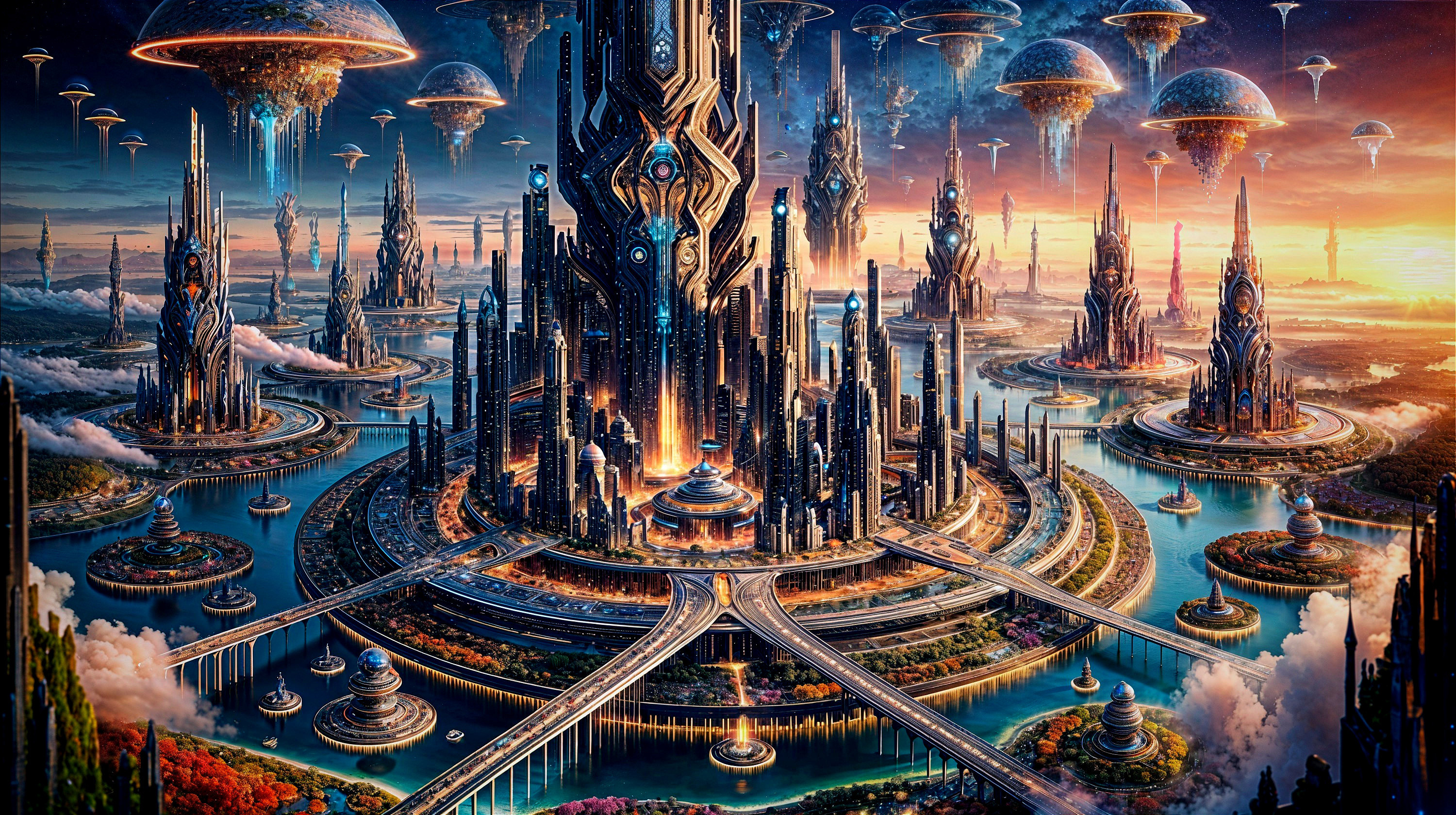 Futuristic cityscape with towers and illuminated gardens