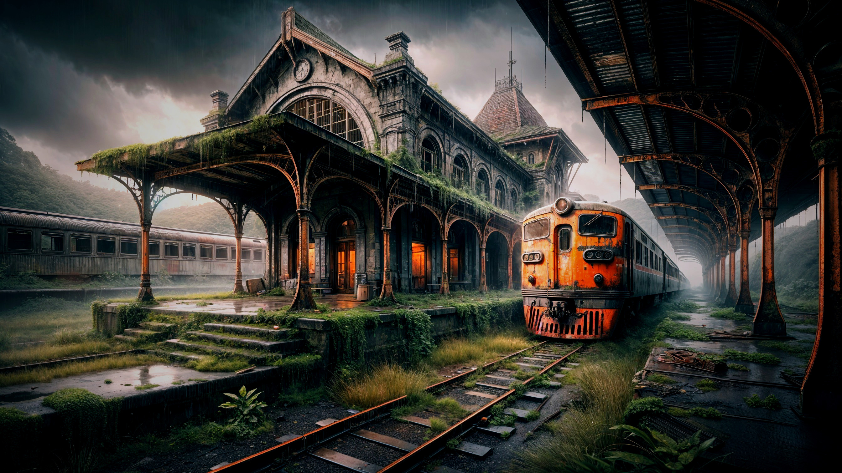 Abandoned Train Station Surrounded by Lush Greenery