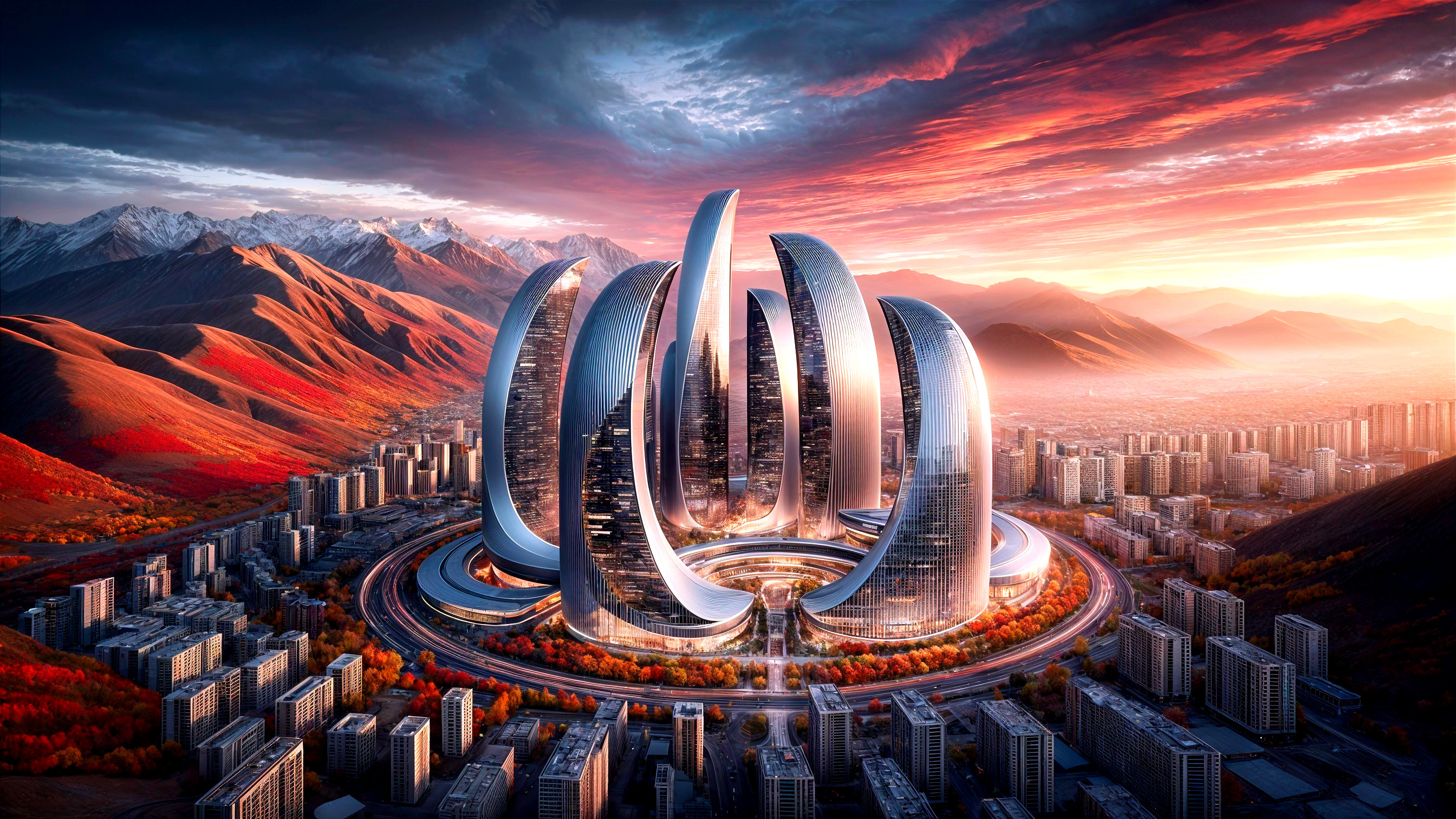 Futuristic cityscape with skyscrapers and nature blend