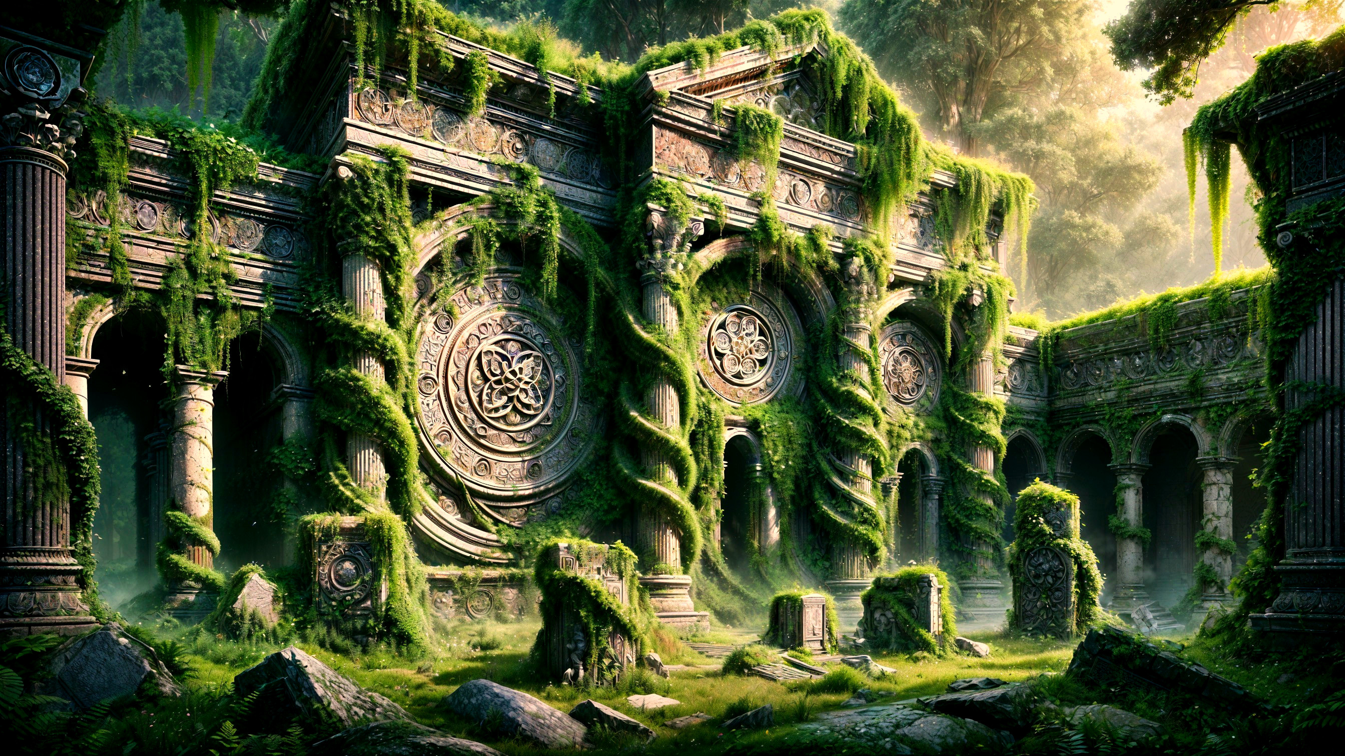 Ancient Overgrown Ruin with Intricate Stone Structures