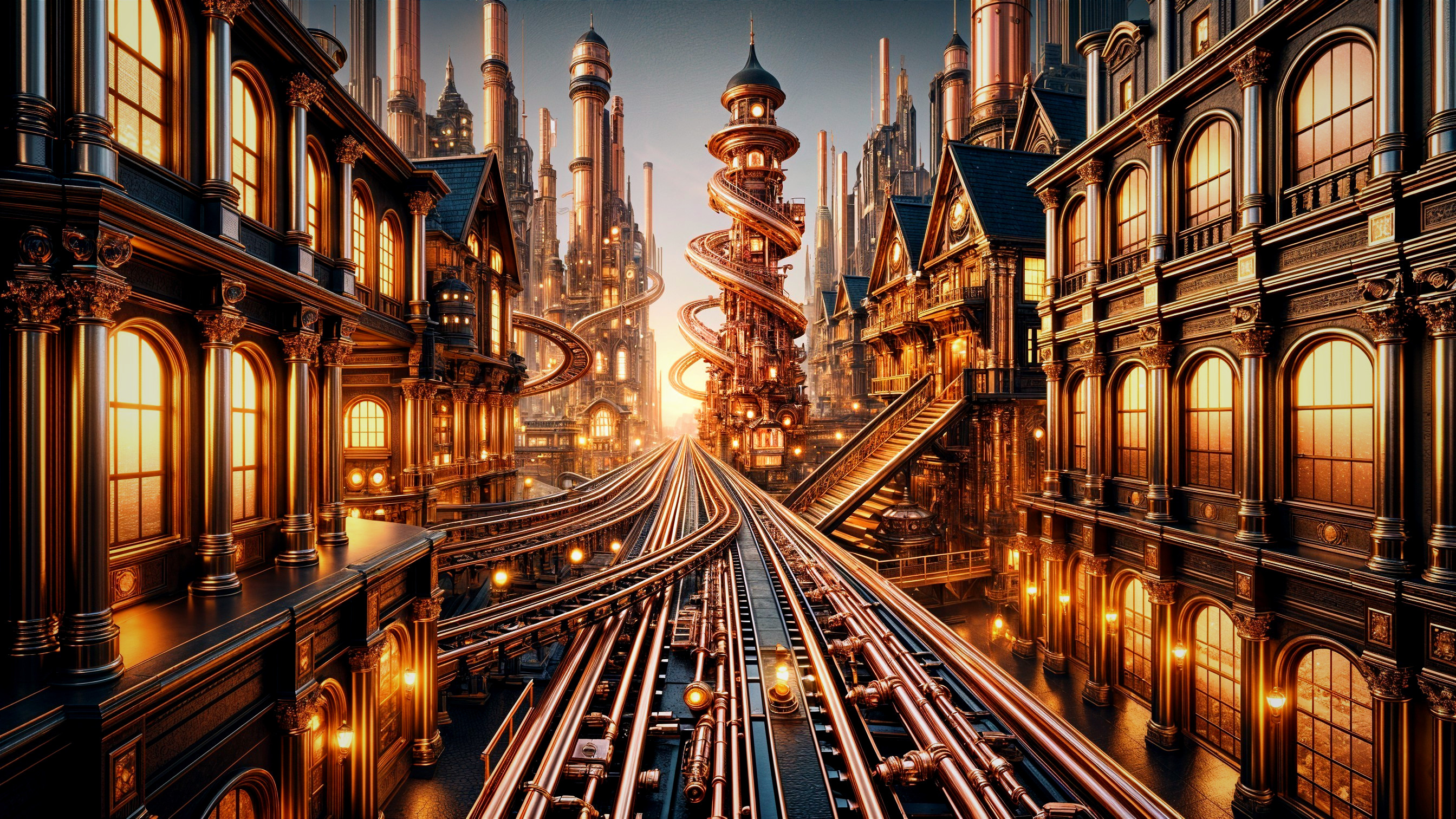Fantastical Twilight Cityscape with Steampunk Elements