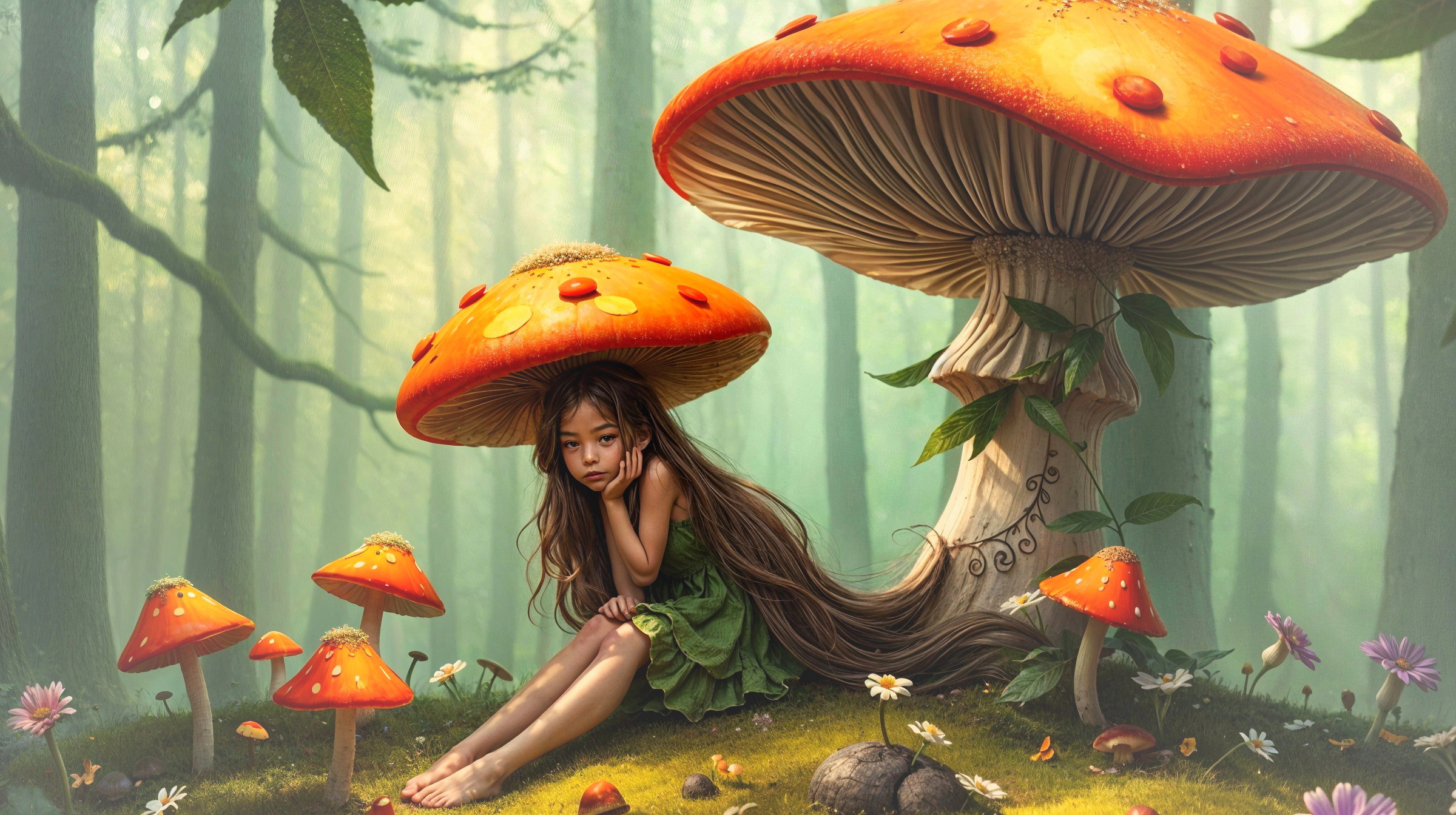 Girl in Green Dress Sitting Under Orange Mushrooms