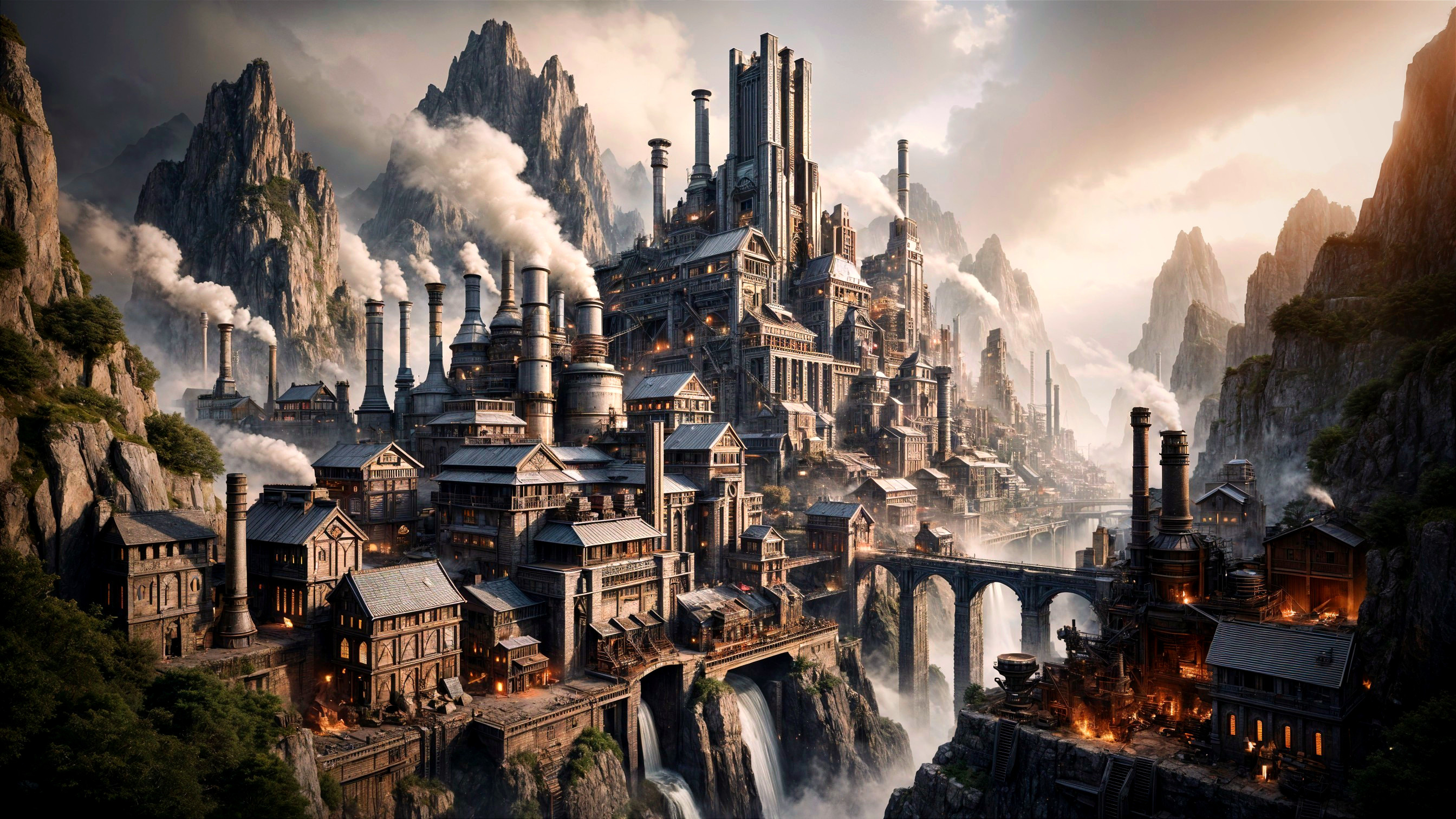 Industrial City Surrounded by Mountains and Waterfalls