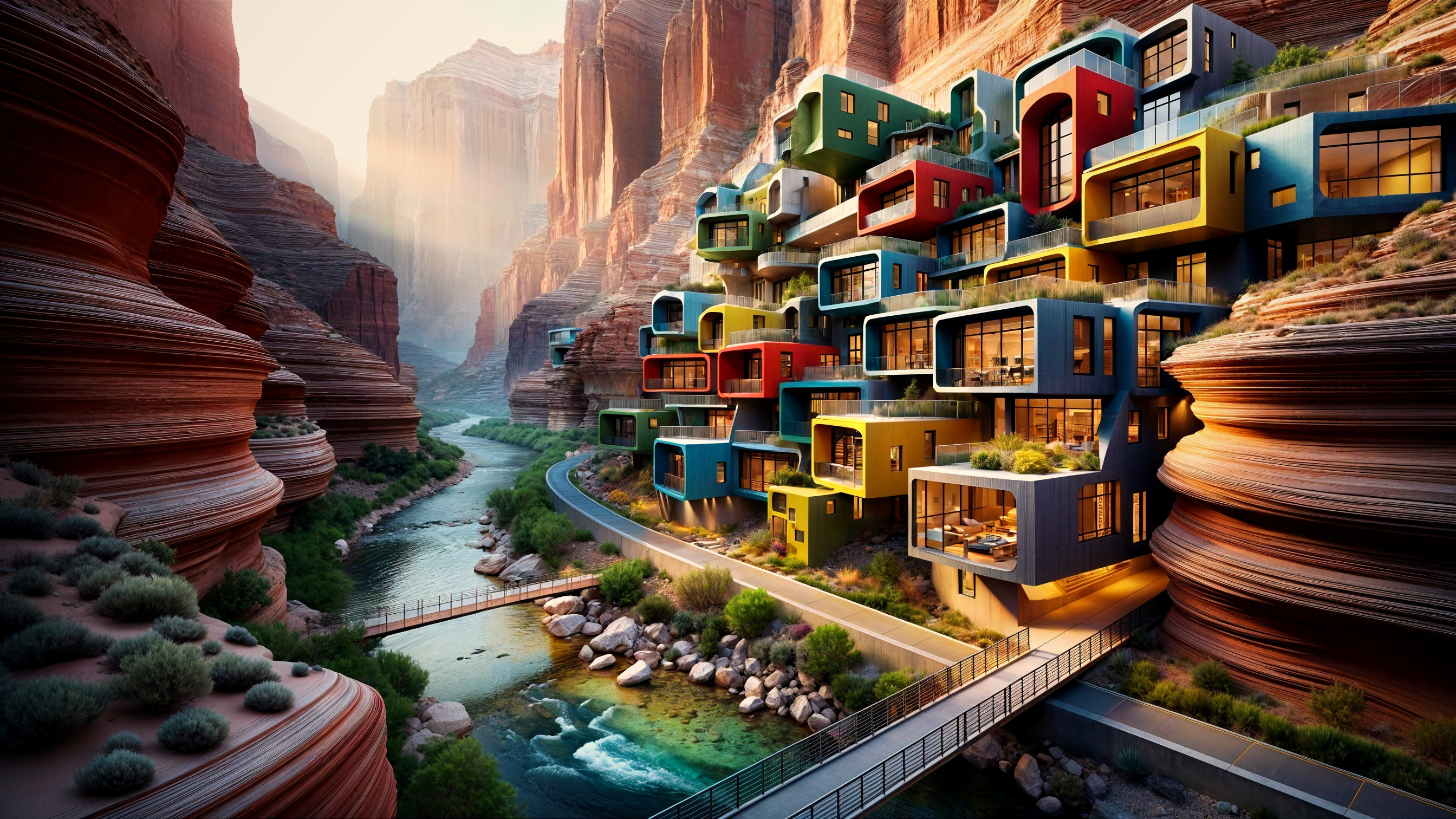 Modern Architecture Amidst Red Rock Cliffs and River