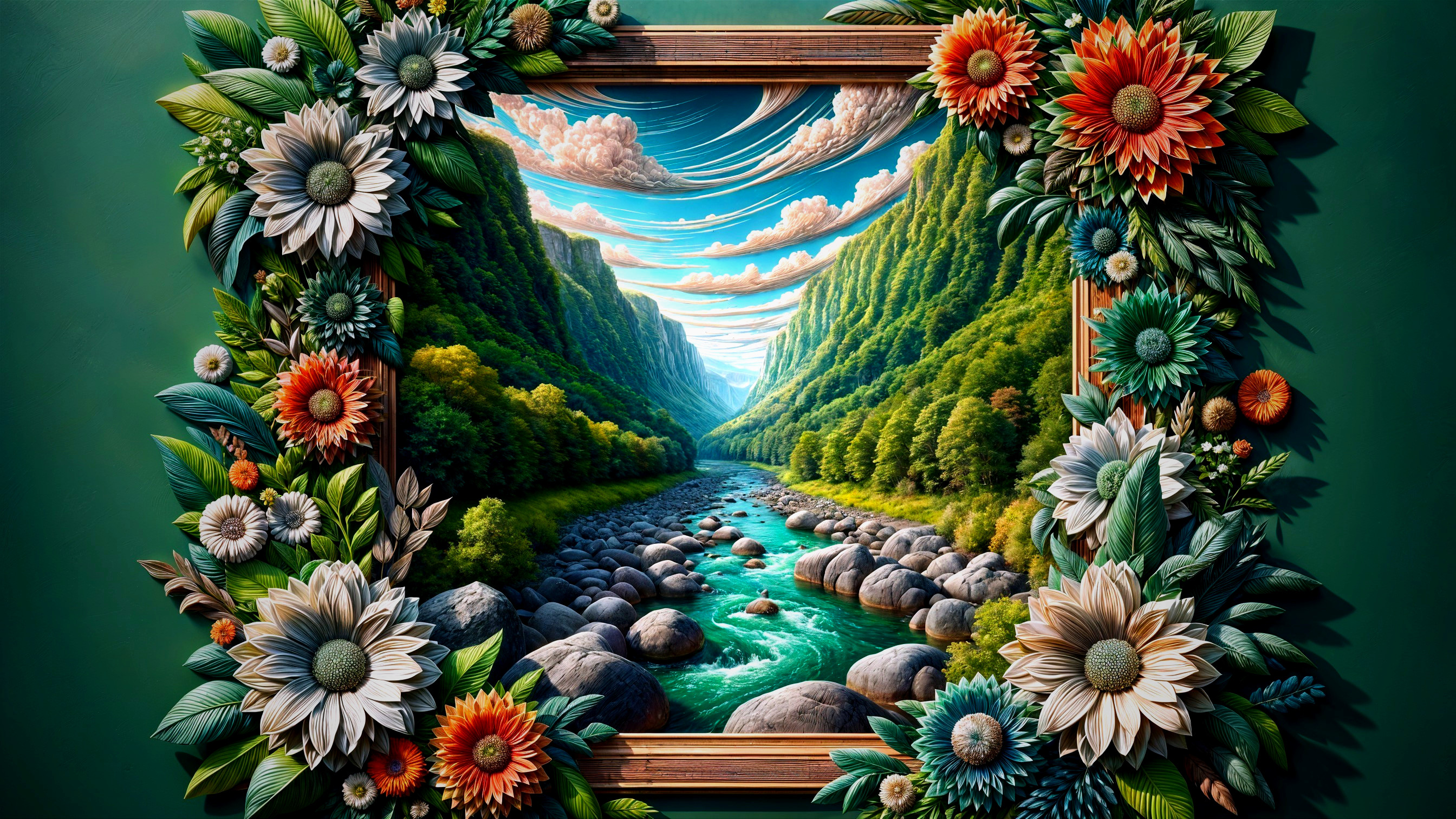 Vibrant Landscape with Colorful Floral Frame