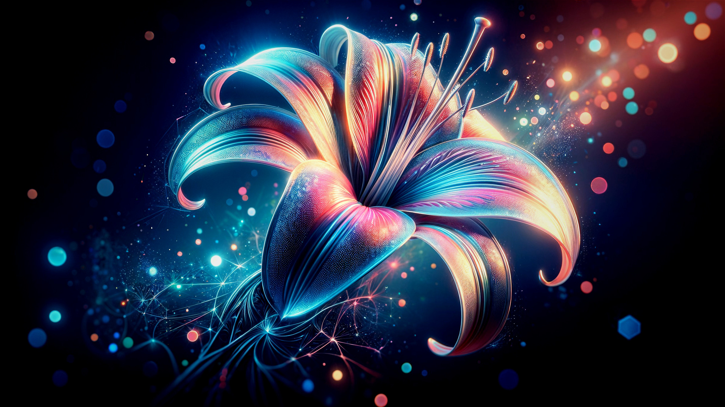 Vibrant Digital Neon Lily Flower with Cosmic Background