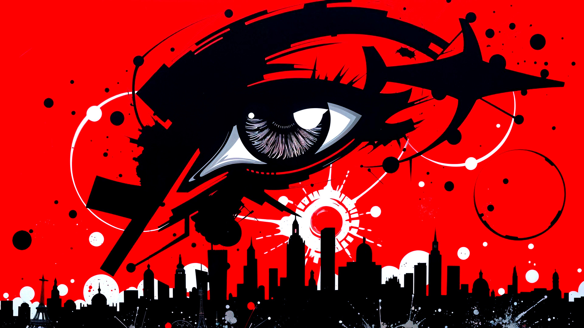 City Skyline and Eye Graphic Composition in Red