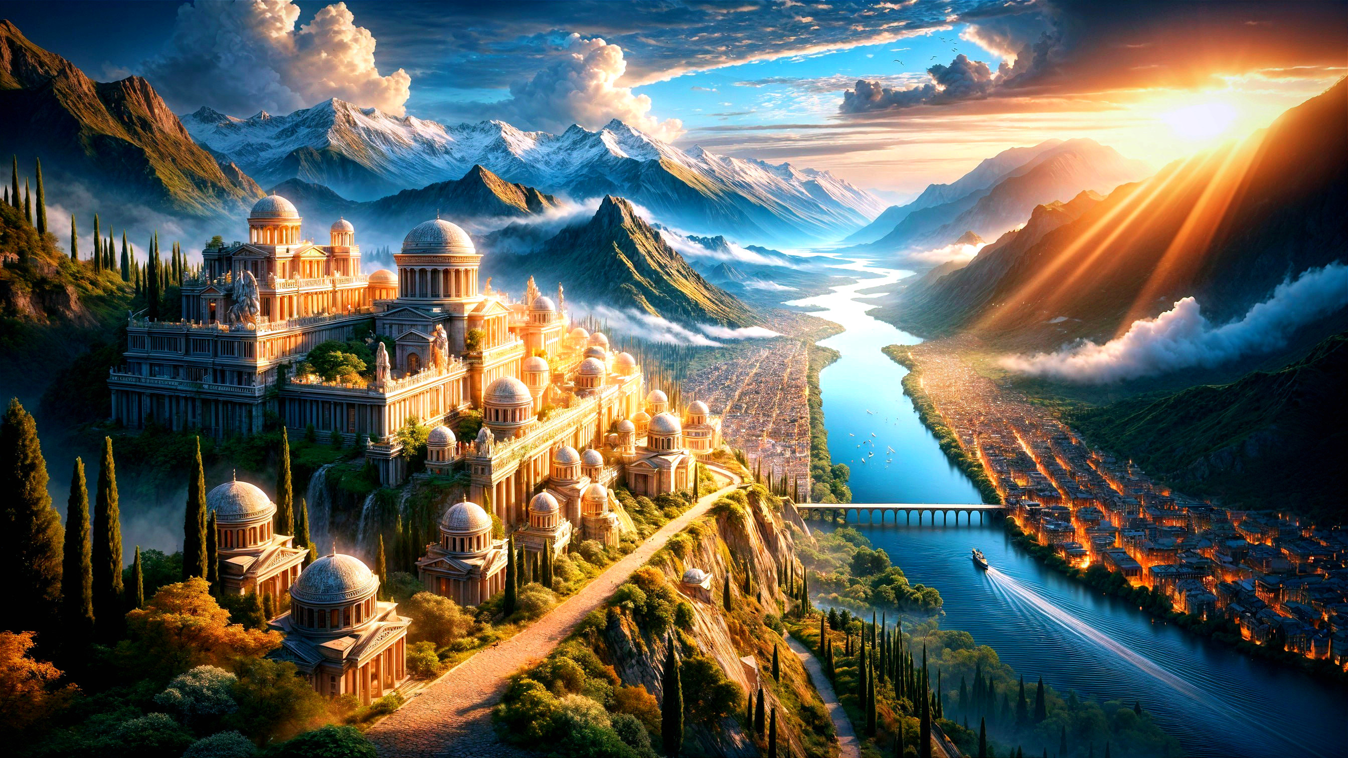 Majestic cityscape with mountains and serene river