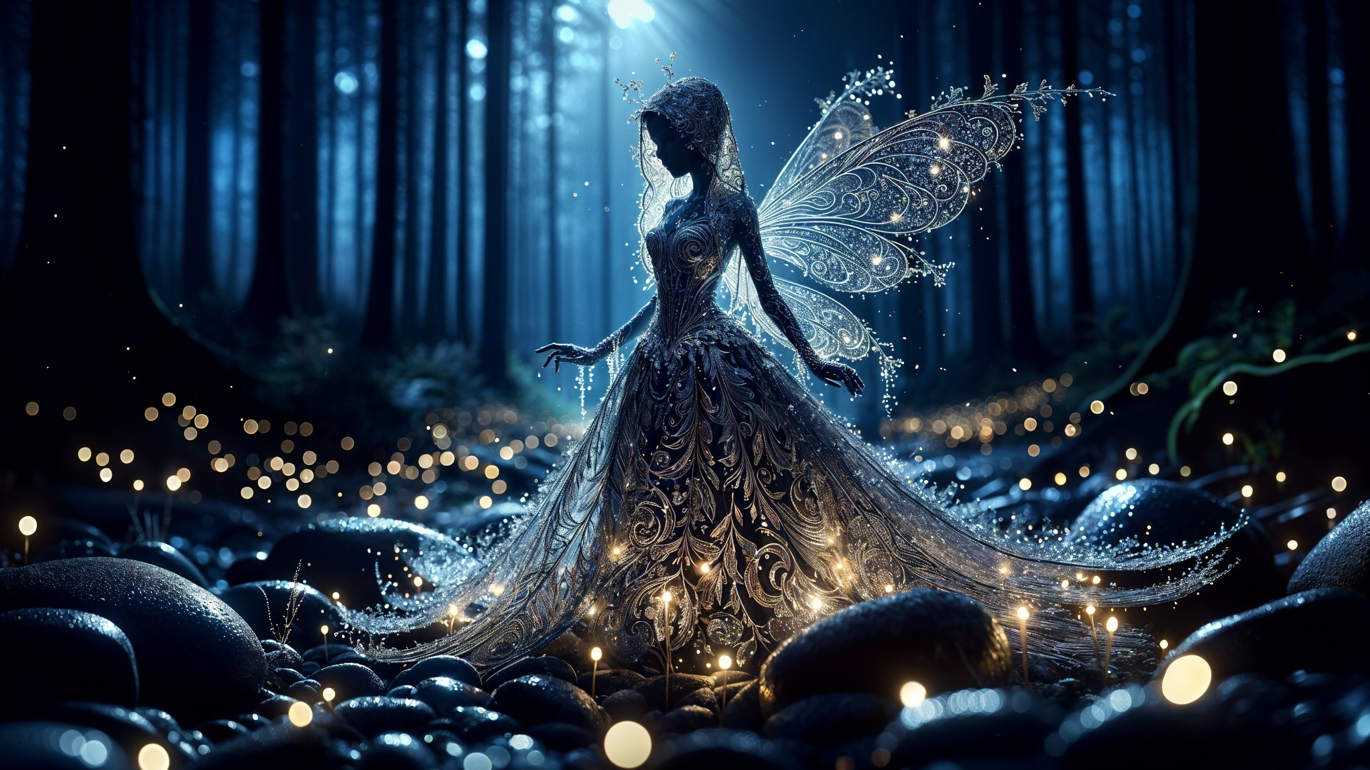 Fairy in Ethereal Forest with Shimmering Stones