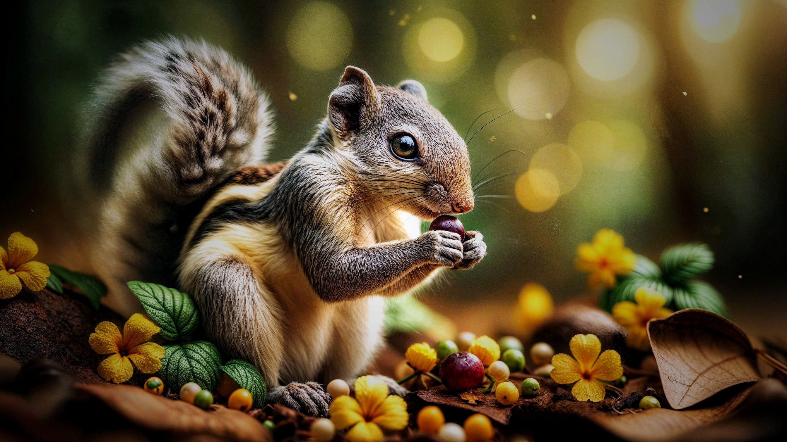 Squirrel Among Colorful Autumn Foliage and Bokeh Lights