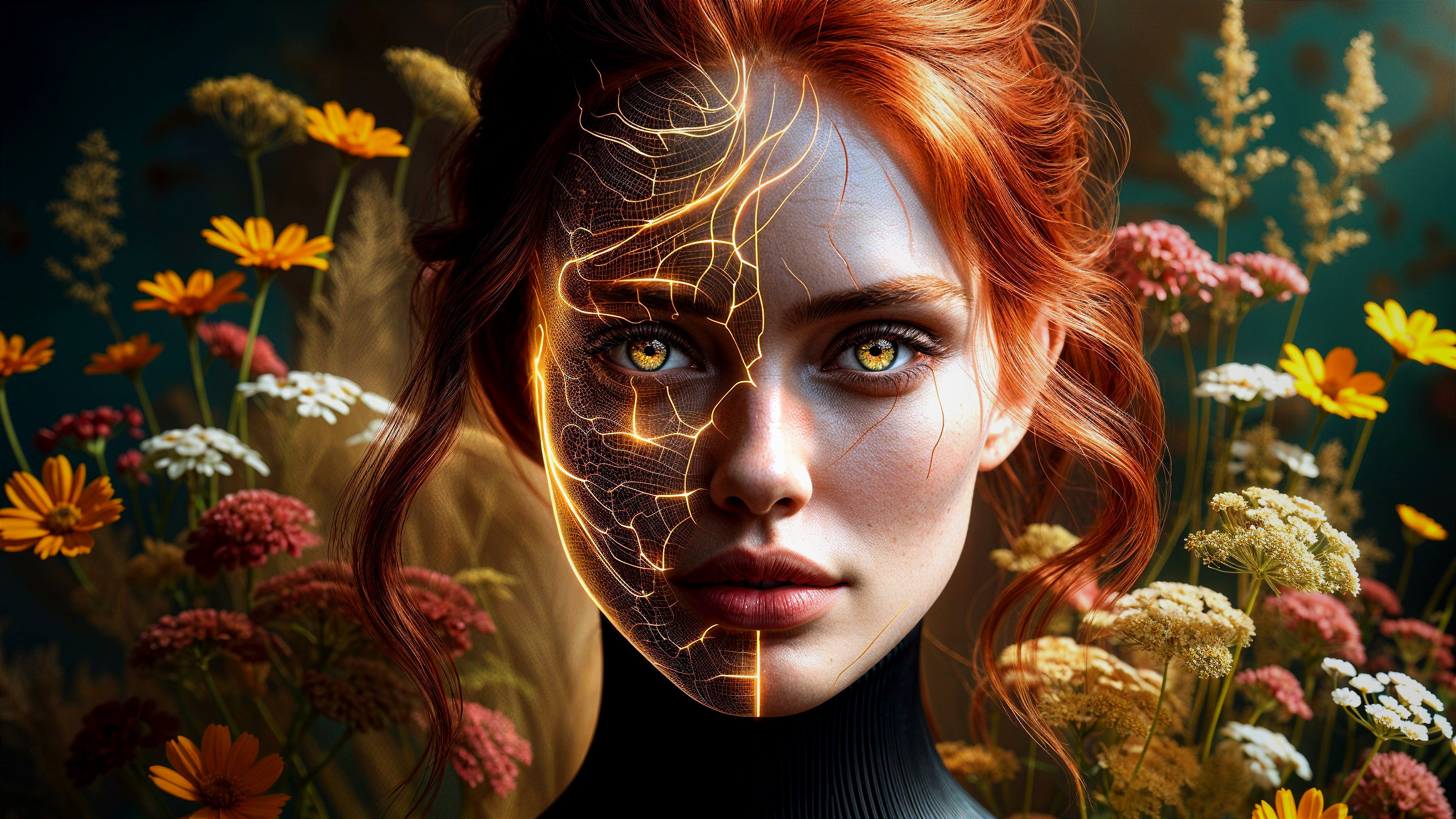 Portrait of a Woman with Red Hair and Golden Eyes