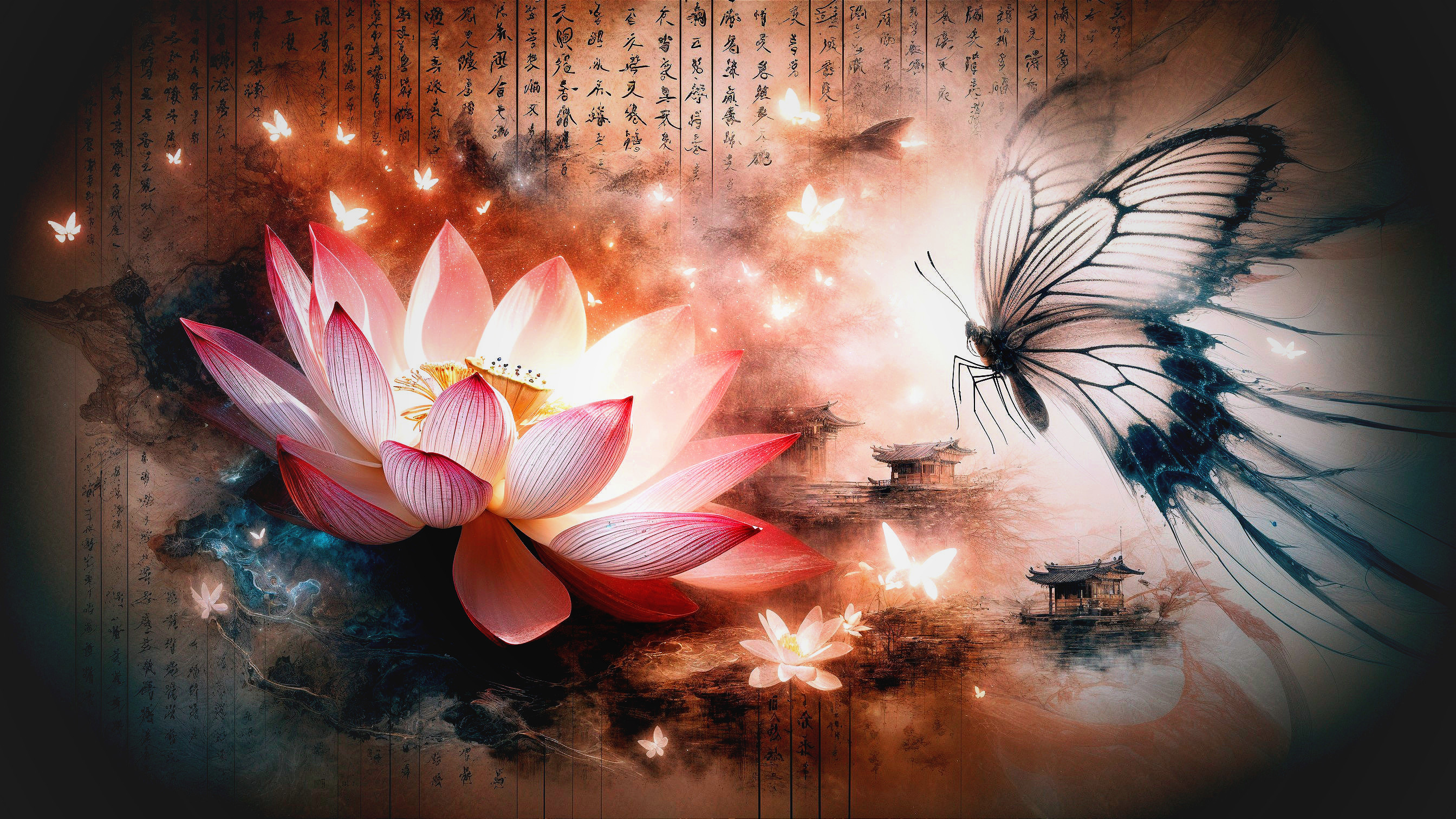 Radiant Pink Lotus Flower with Butterflies and Calligraphy
