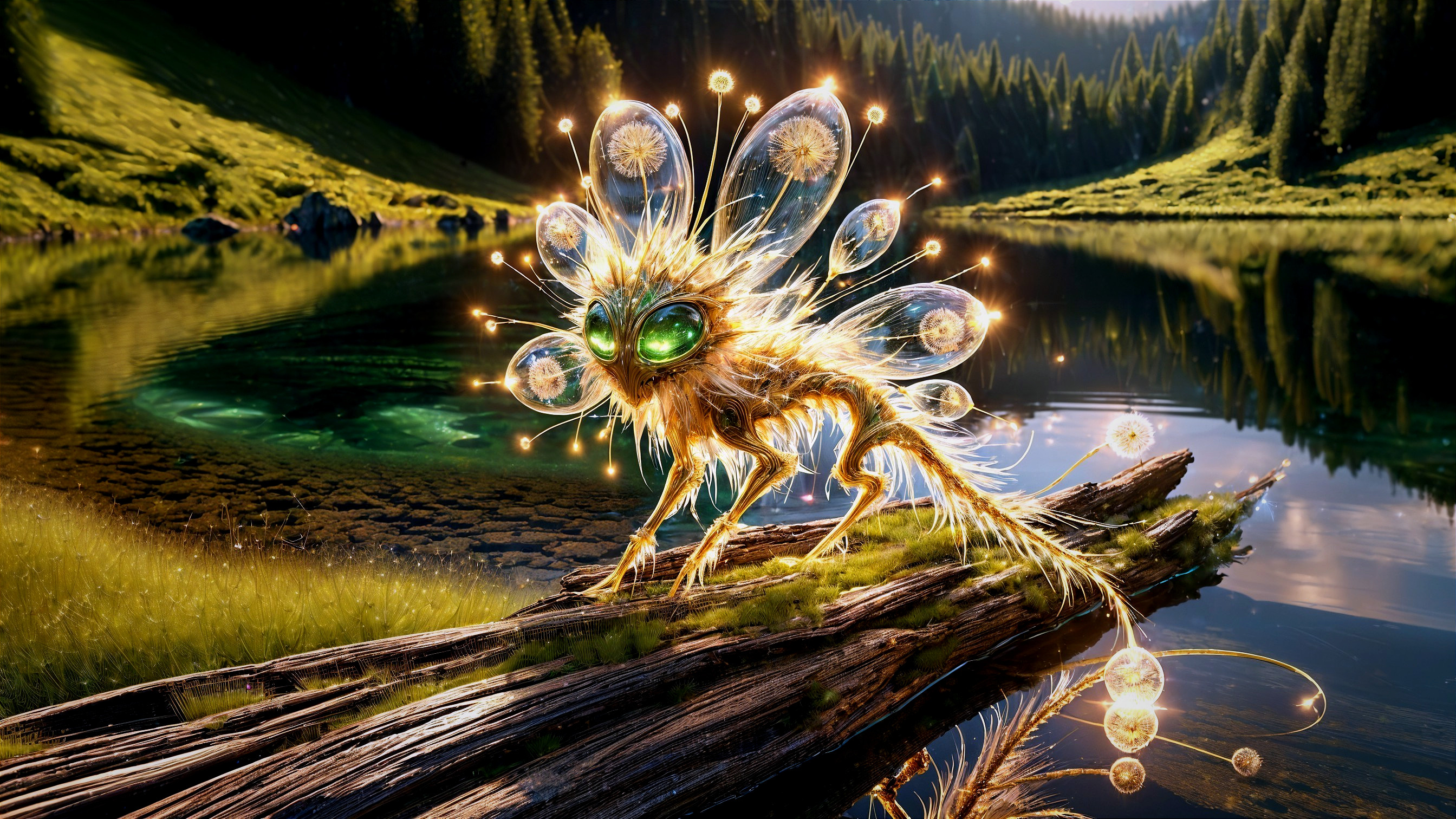 Fantastical Creature by Serene Lake with Glowing Orbs