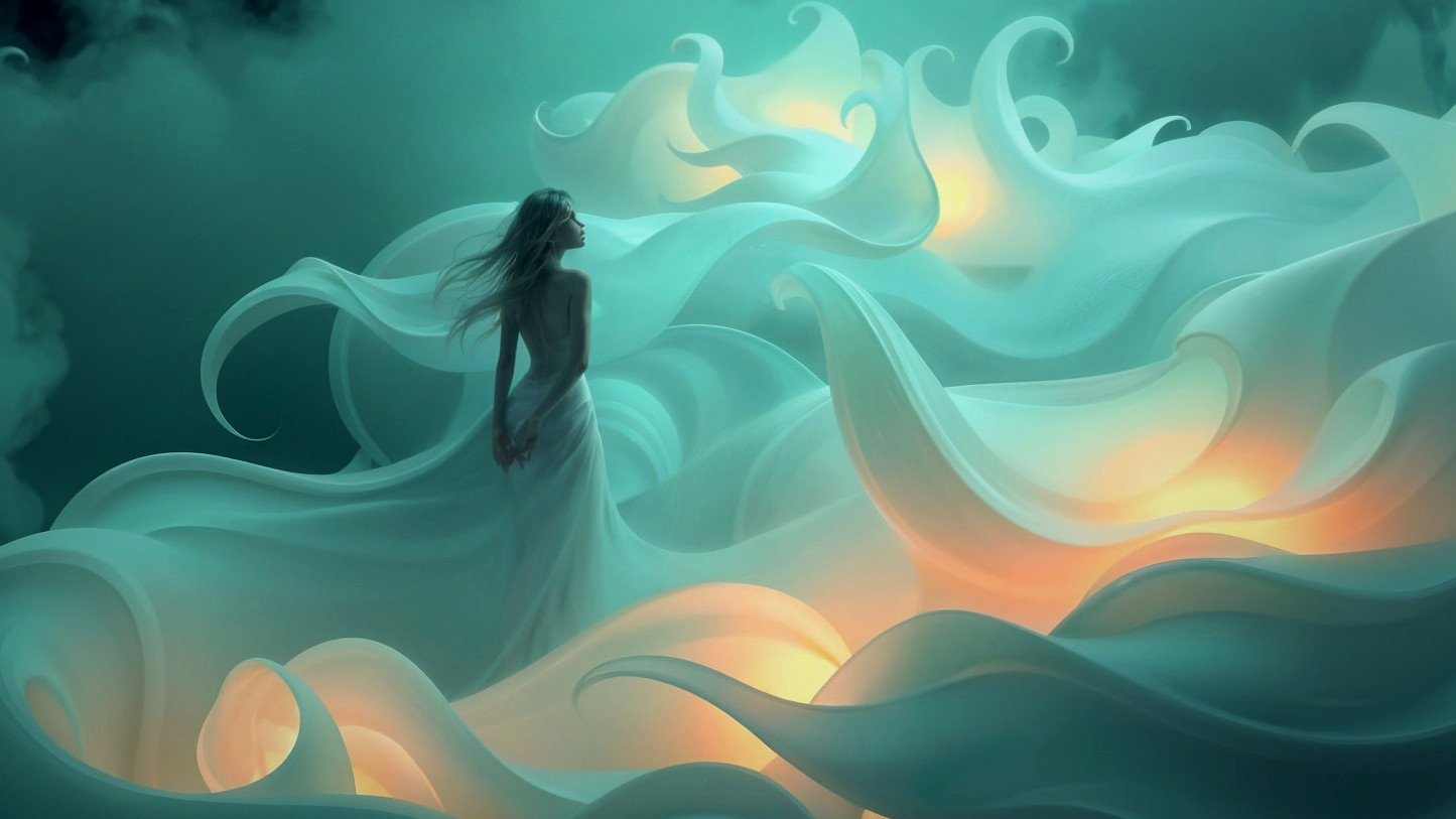 Ethereal Figure in Dreamlike Fabric Waves