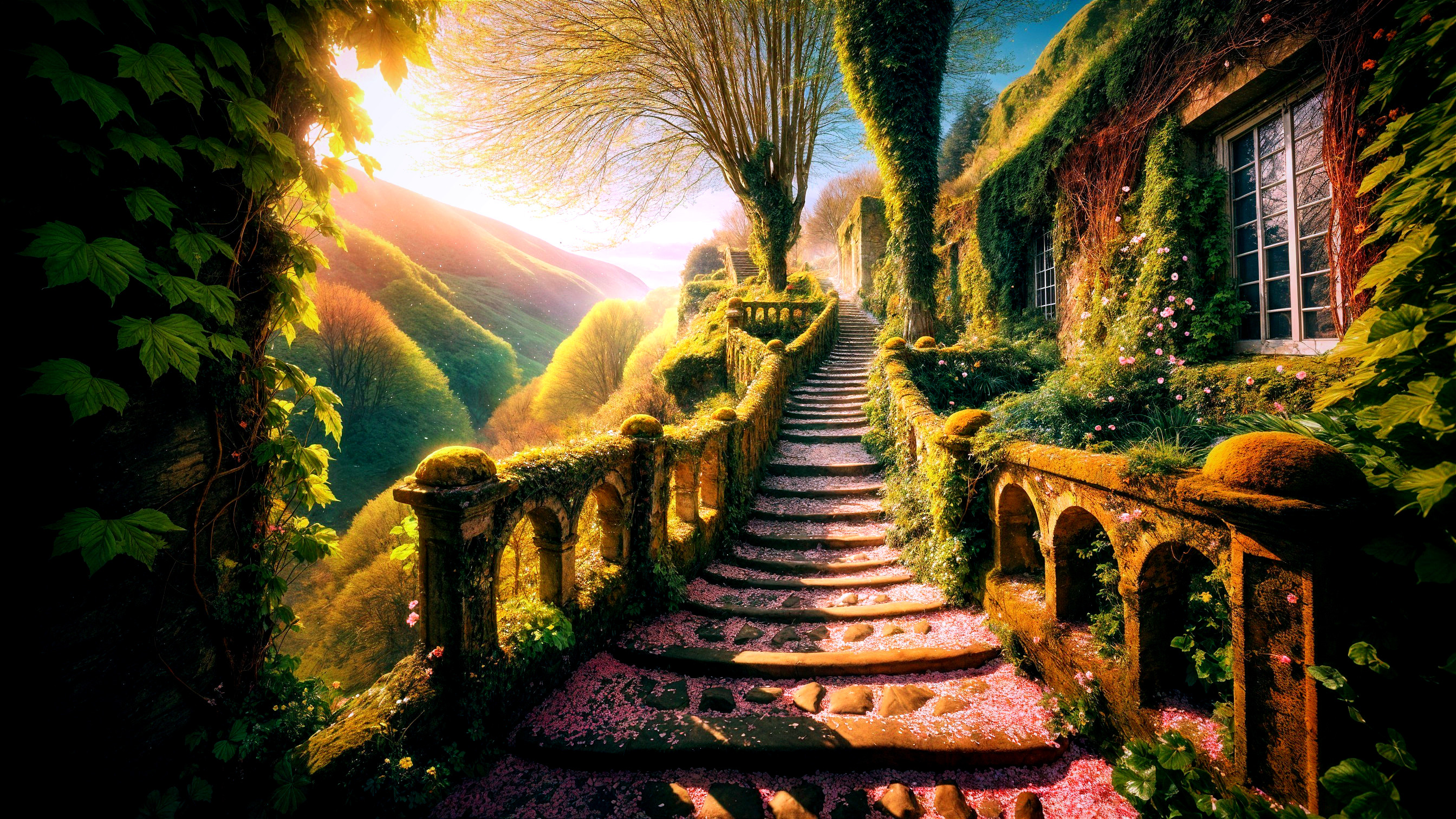 Stone Staircase in a Lush Verdant Landscape