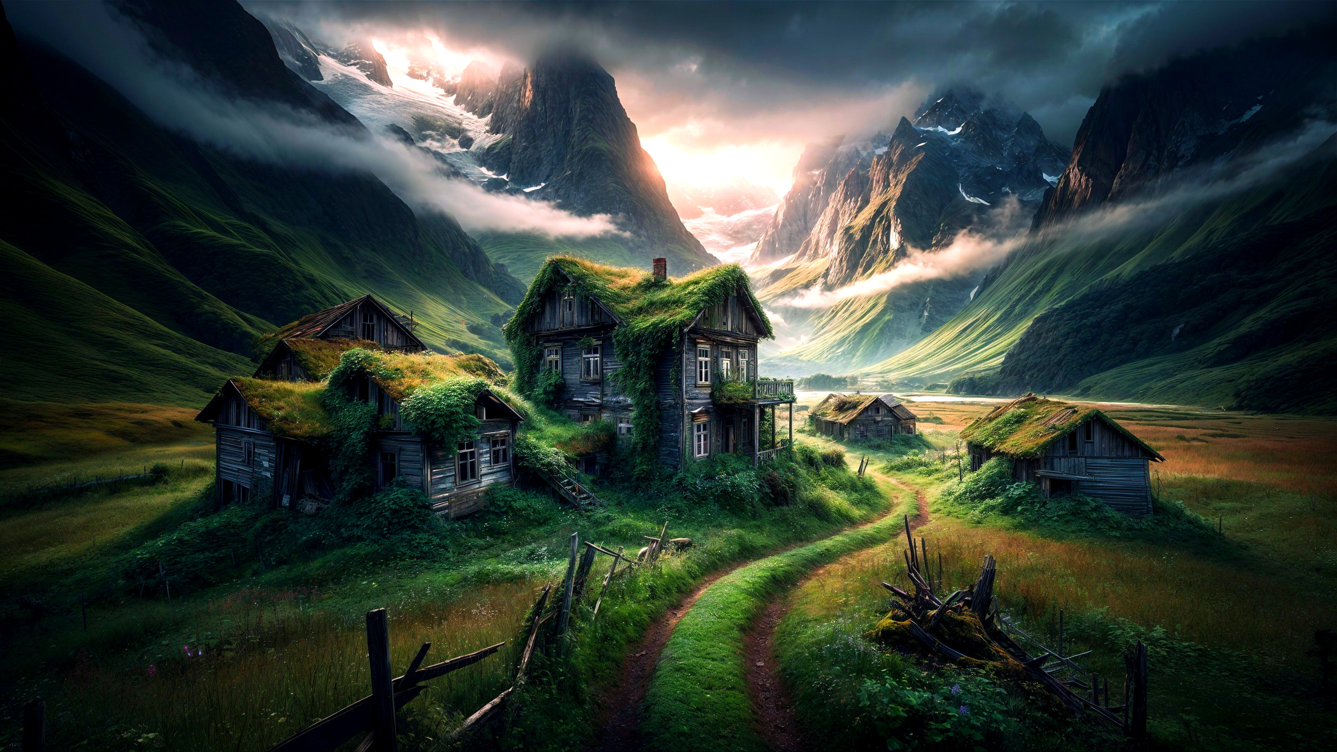 Abandoned settlement in a lush green valley landscape