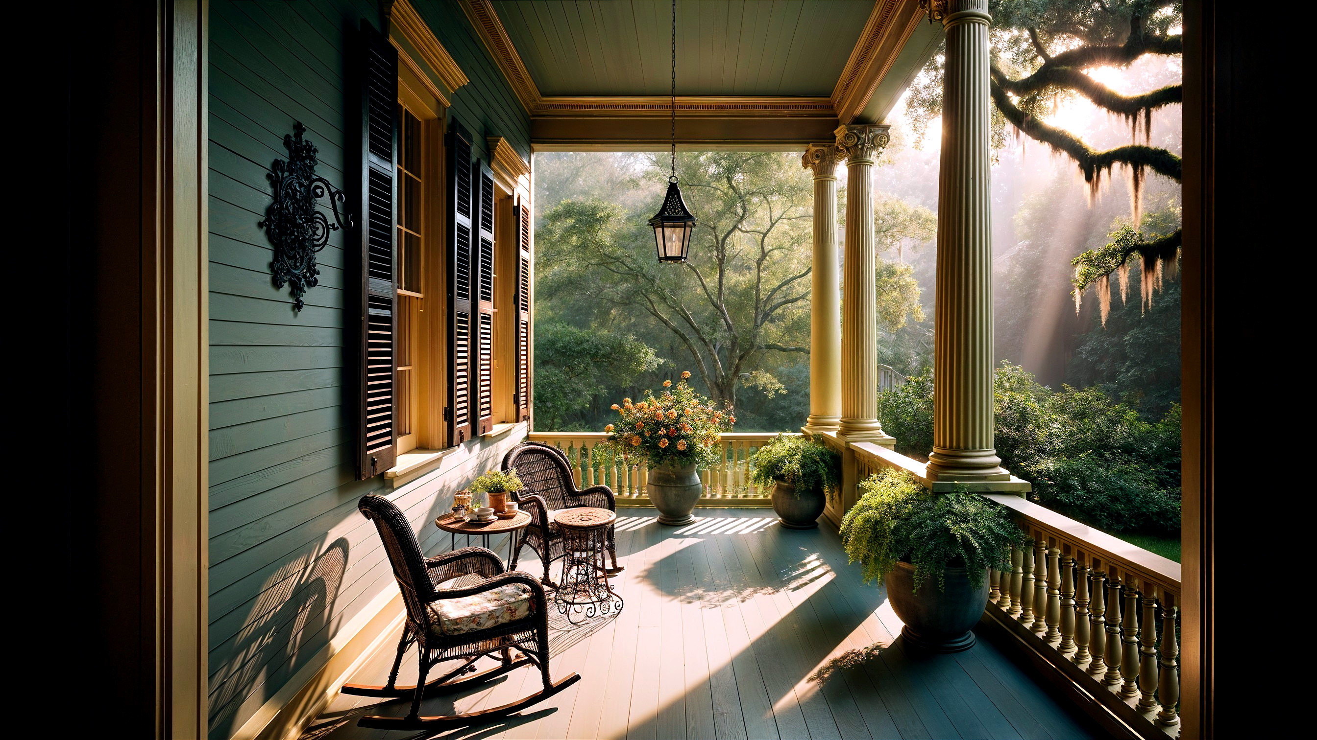 Elegant Porch with Rocking Chairs and Lush Greenery
