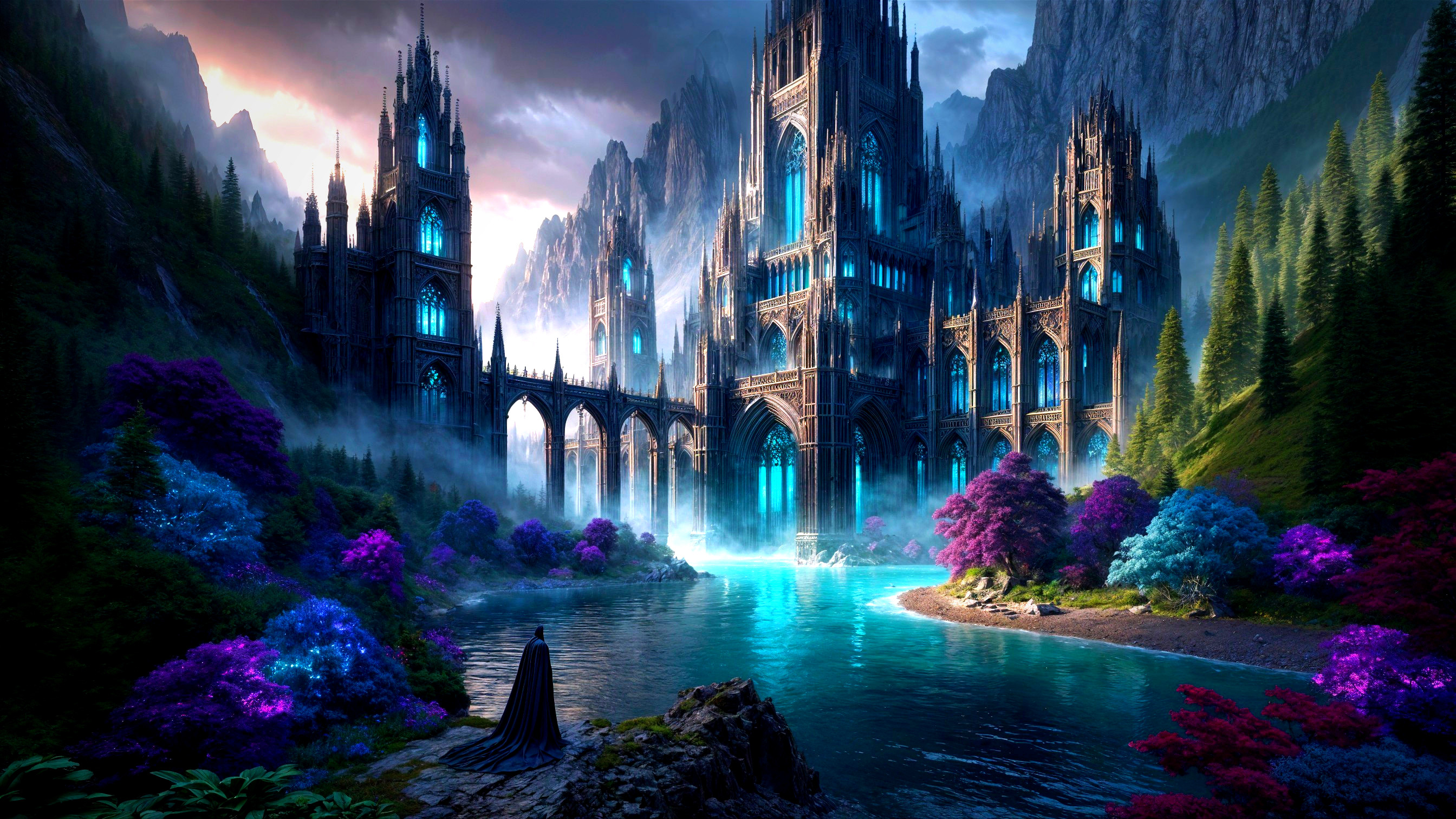 Majestic castle by serene lake with gothic architecture