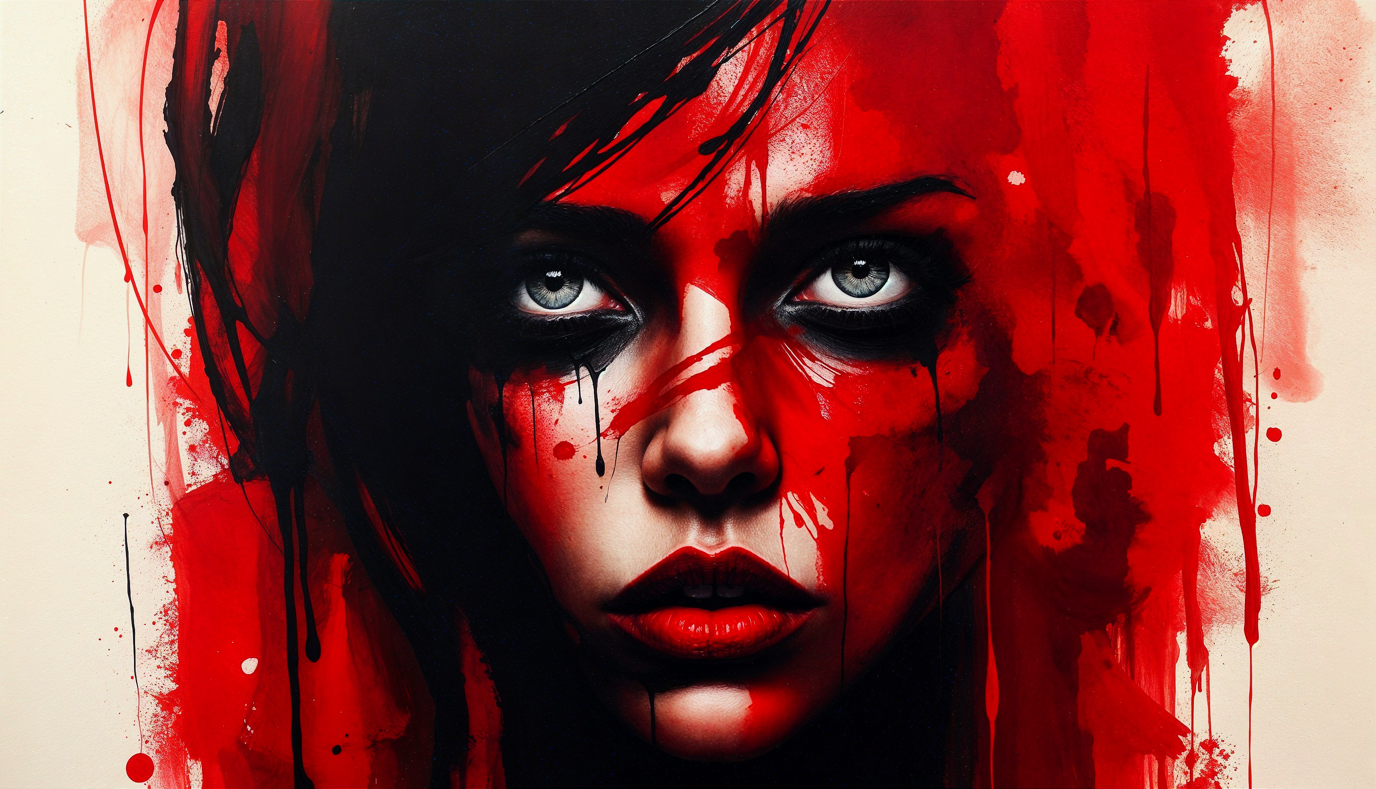 Portrait of a Woman with Intense Eyes and Red Paint