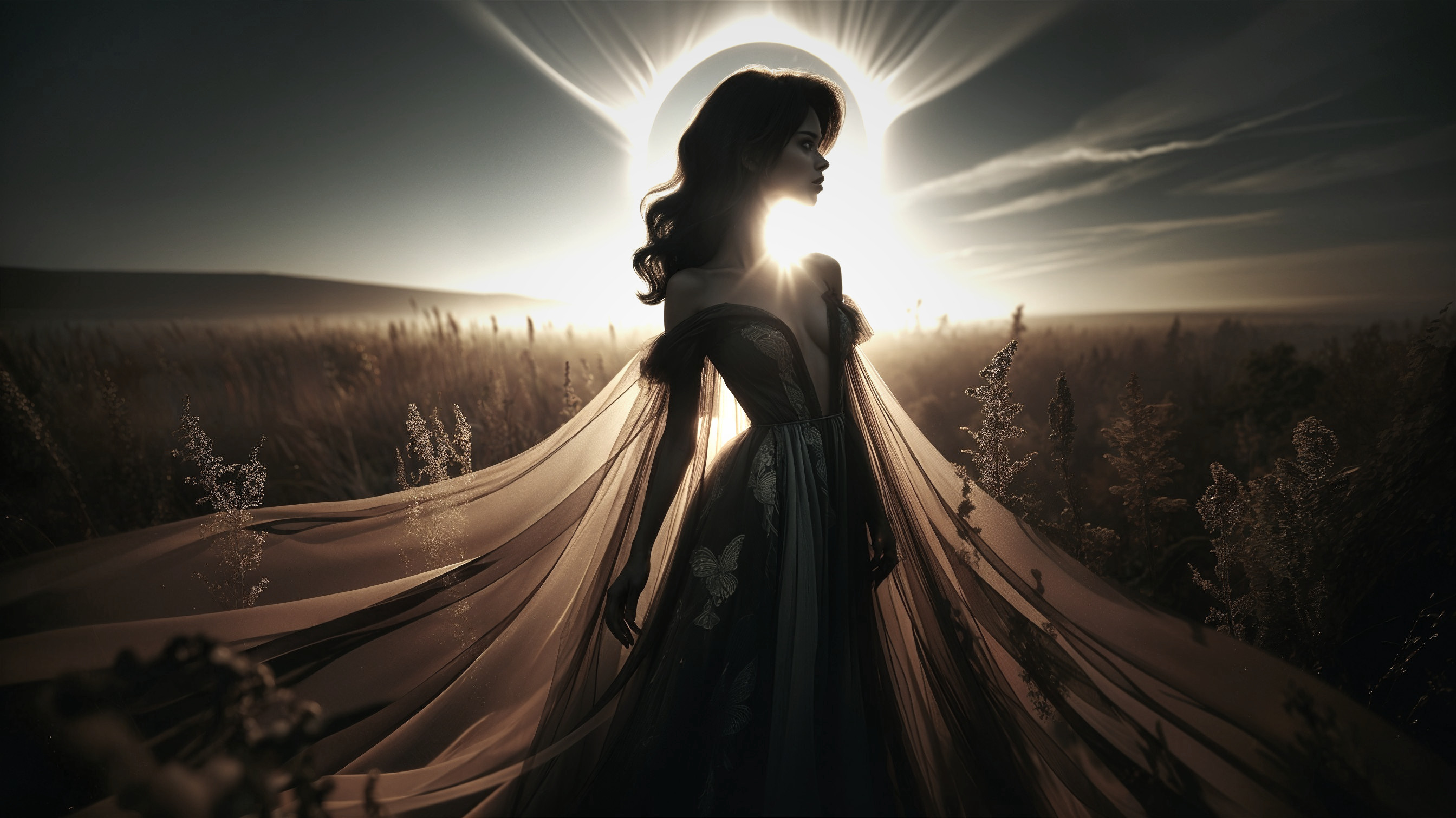 Silhouette of a Woman in a Sunlit Field