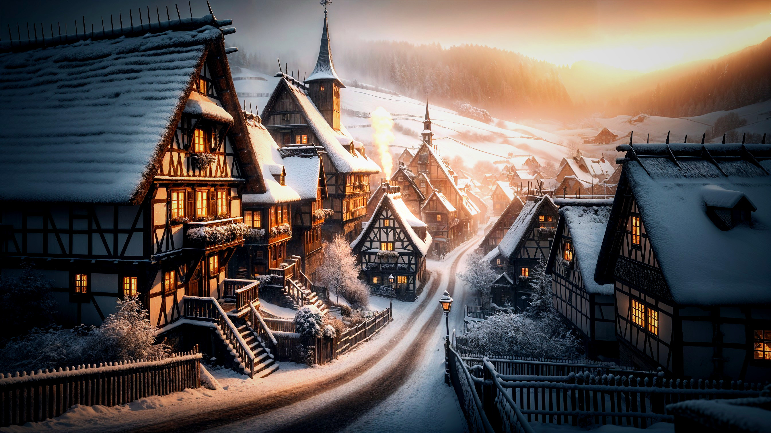 Winter Village Scene with Snow-Covered Houses