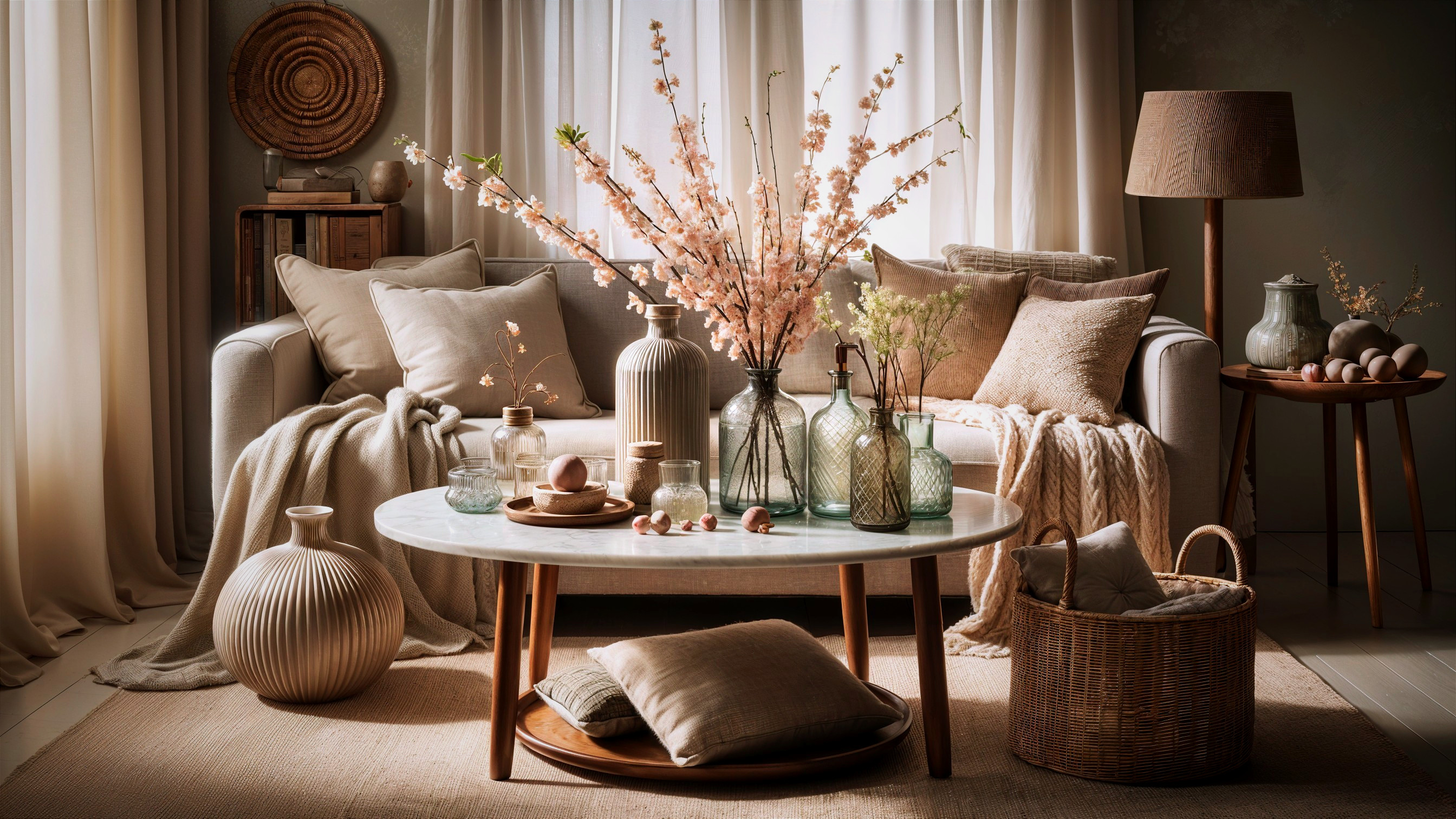 Cozy living room with light sofa and natural decor