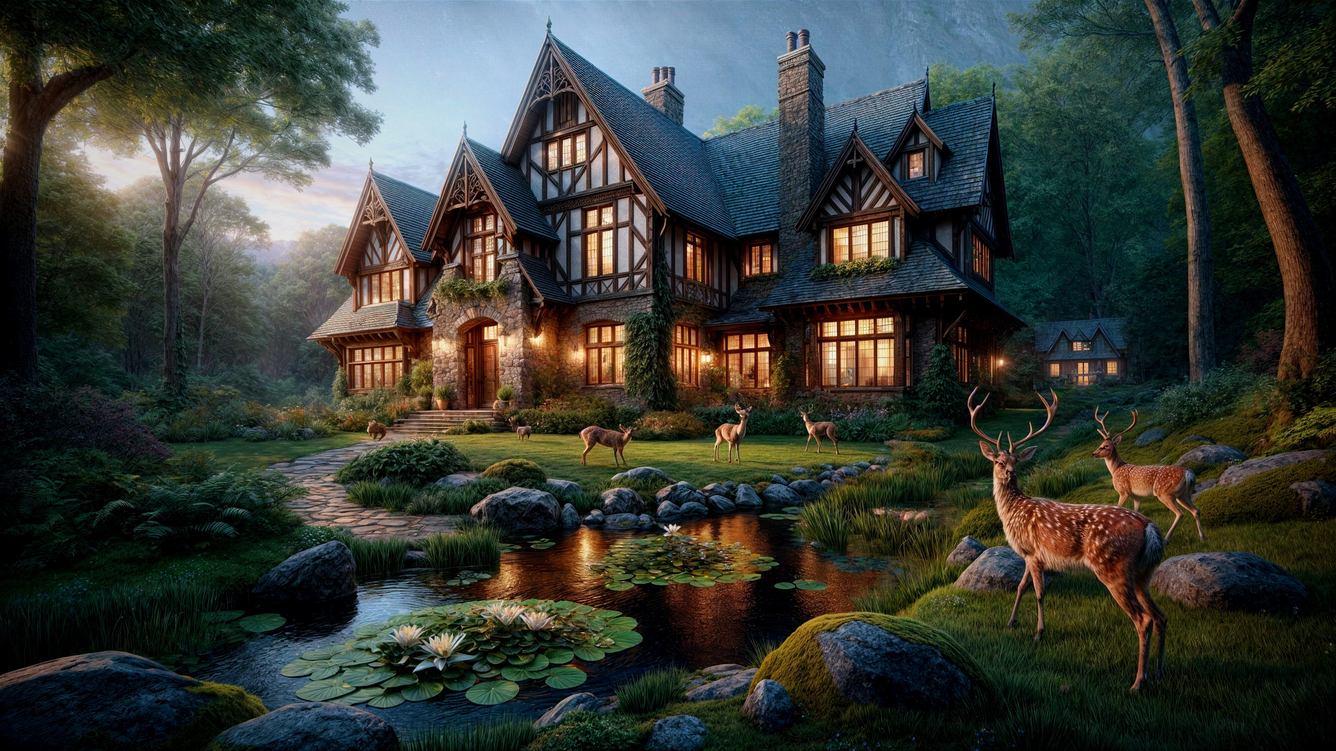 Gothic Manor Surrounded by Lush Forest and Serenity