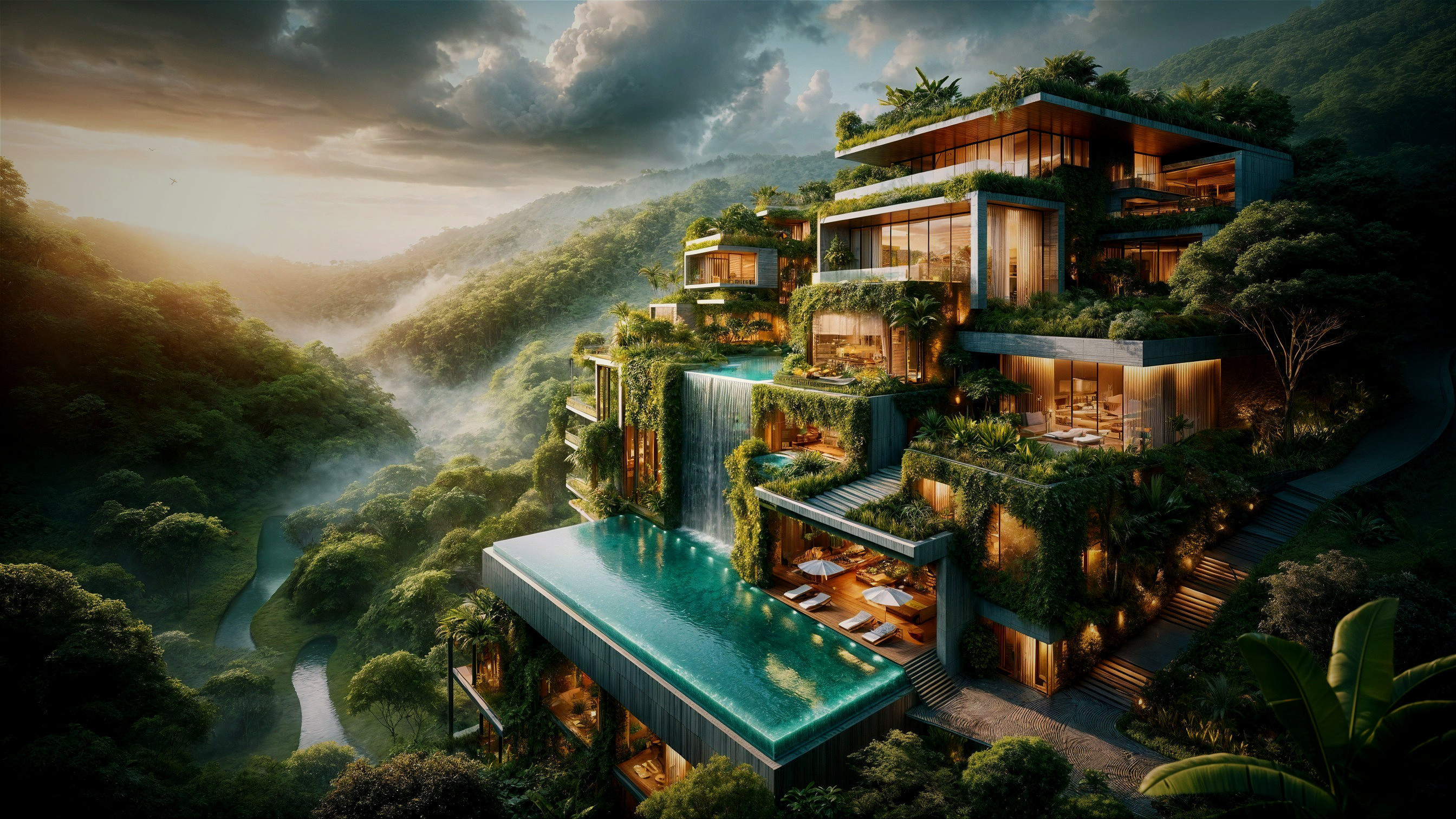 Modern villa with infinity pool in lush hillside setting
